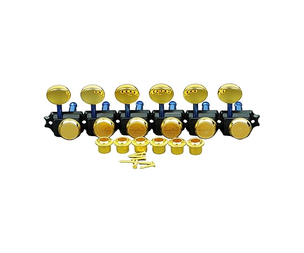 Guyker 6 Inline Vintage Guitar Lock String Tuners – Locking Tuning Key Pegs Machine Heads Replacement Parts for ST TL Style Electric, Folk or Acoustic Guitars – GK55SP, Black+Gold