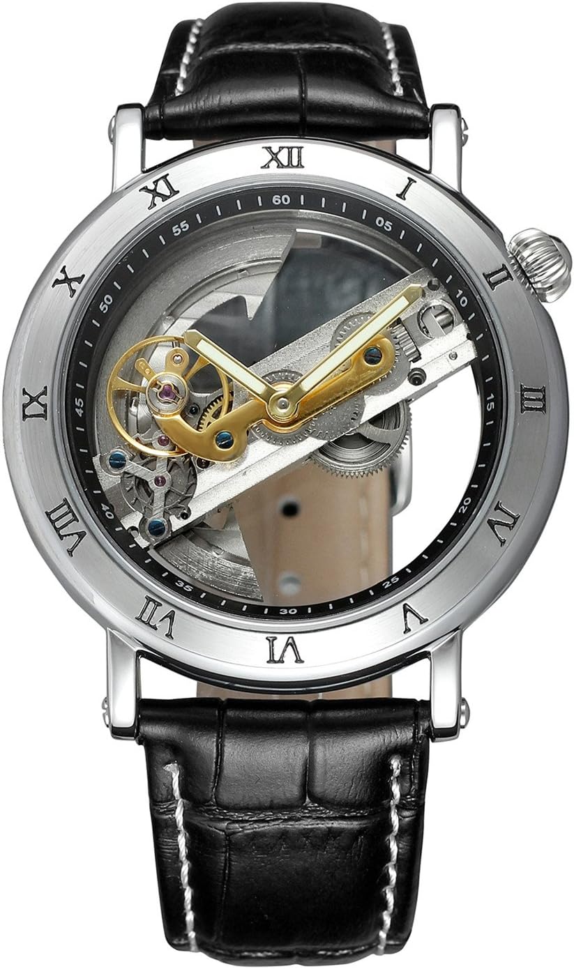 Shaarms Automatic Wristwatch Transparent Dial Mechanical Leather Watches Men's Analog Watch L1003 Sblack