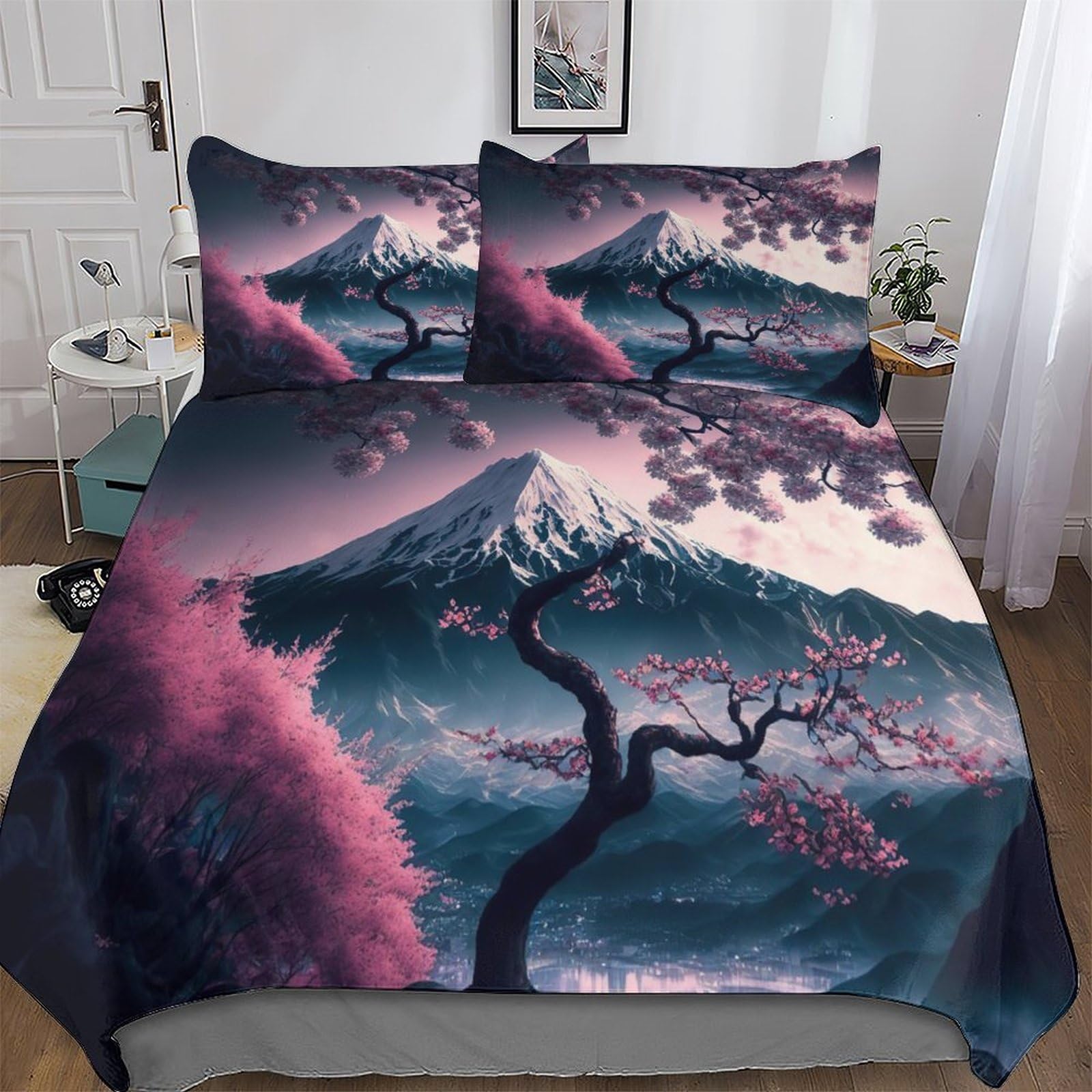 Japanese Cherry Blossoms Bedding Quilt Cover 3 Pieces Sets Easy Care Super-Soft Polycotton Comforter Cover Comfortable & Durable Duvet Cover with Pillowcases For Boys Girls Double (200x200cm)