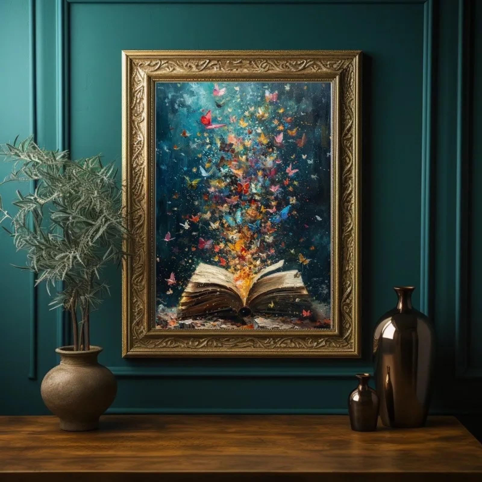 ZHUOYA Plakat księgarni vintage, Dark Academia, wzór kwiatowy, książka czarownic, kwiaty, obraz na płótnie, sztuka ścienna do dekoracji pokoju bibliotecznego, 70 x 110 cm, bez ramy