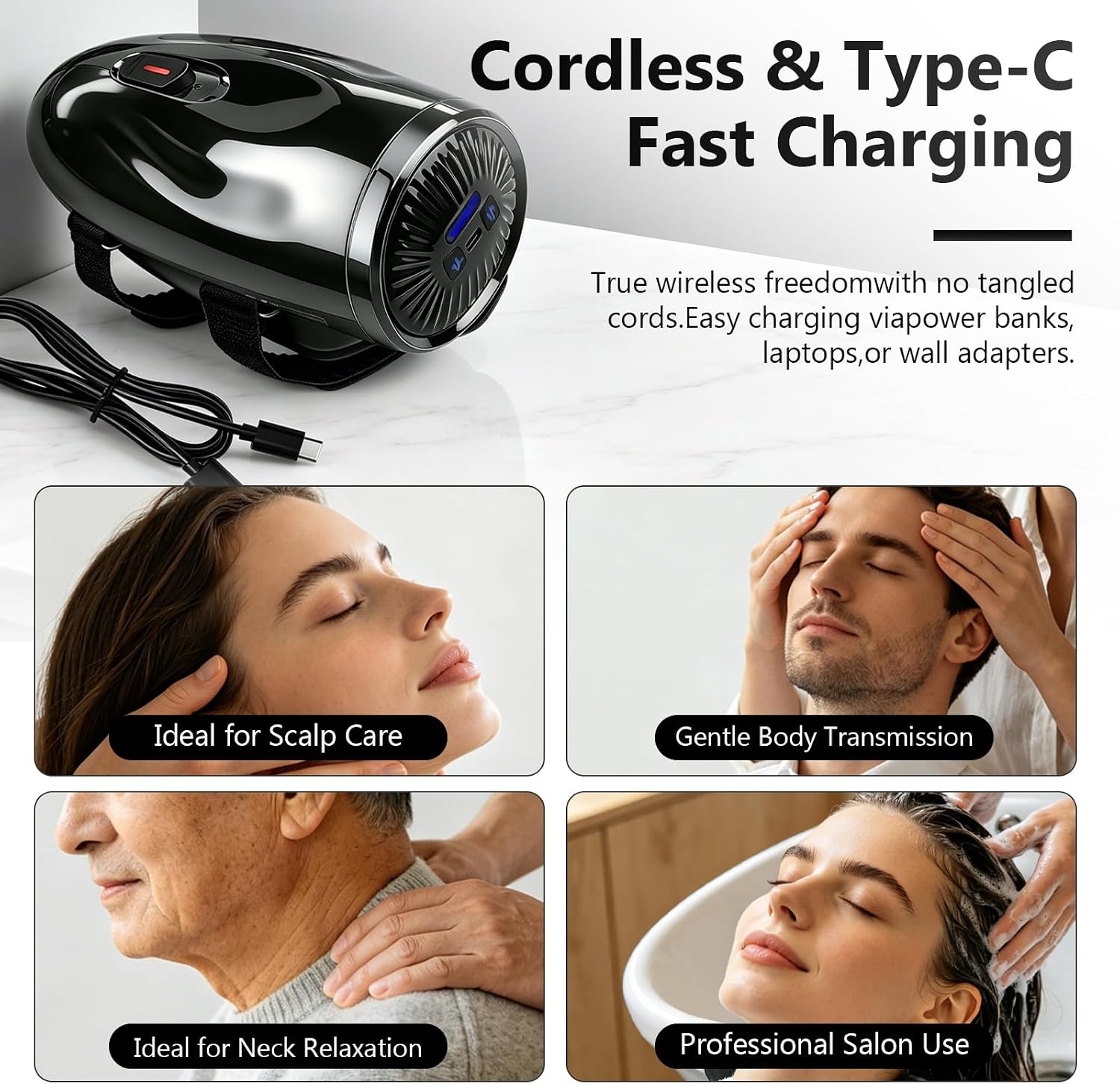 Professional Handheld Palm Massager with Adjustable Straps, 5 Modes, 2600mAh USB Rechargeable Vibrating Massager for Barber Salon, Neck & Scalp Care（Black）