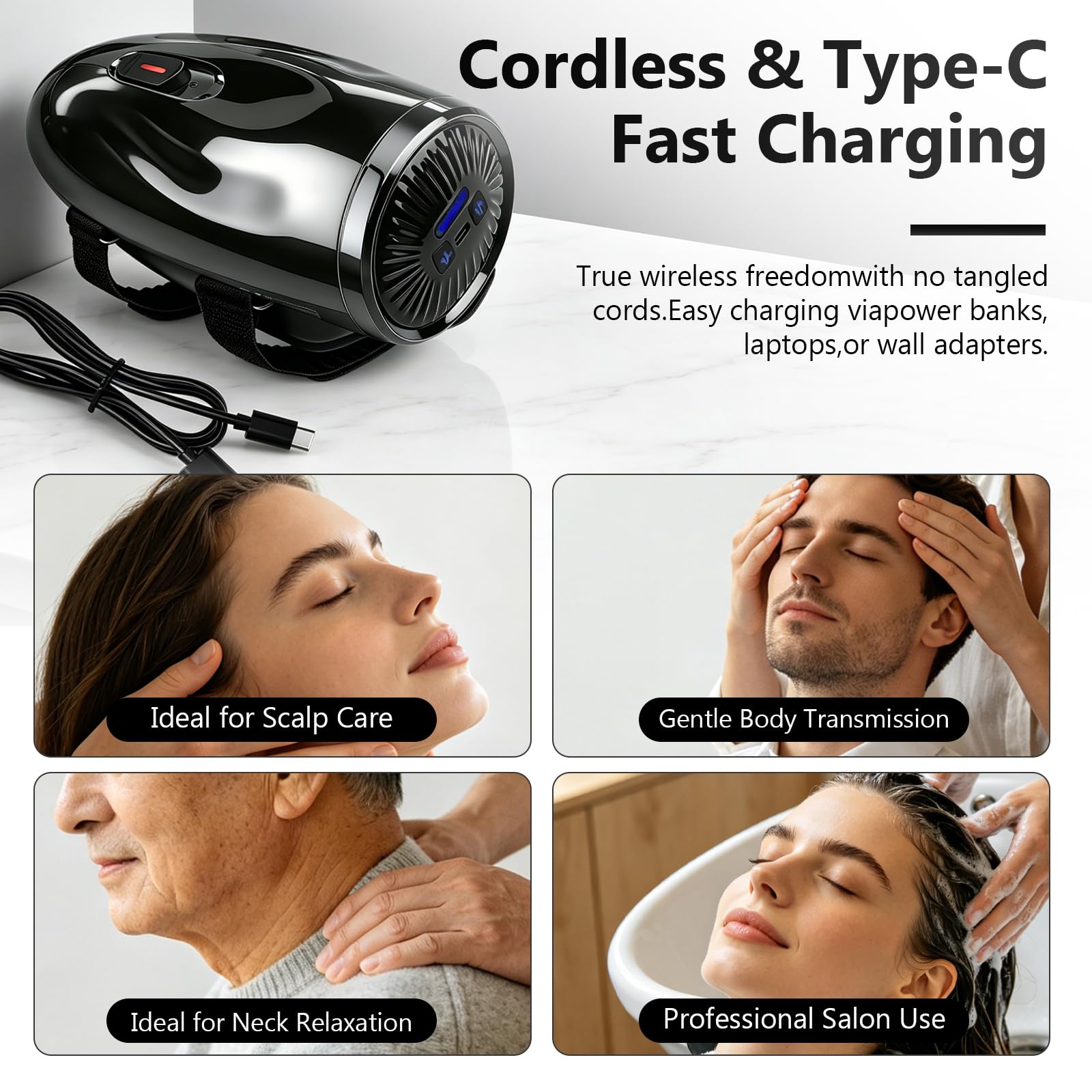 Handheld Barber Massager with Adjustable Straps, 5 Modes, Black