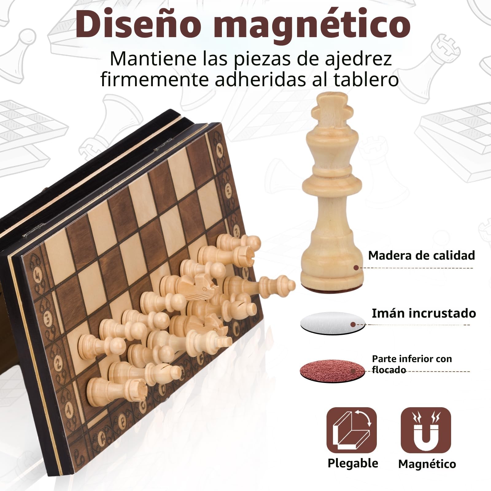 Juego De Ajedrez 3 En 1 de Madera,Ajedrez Magnetico Plegable para Viaje Fiesta Regalos, para niños(29 * 29cm)