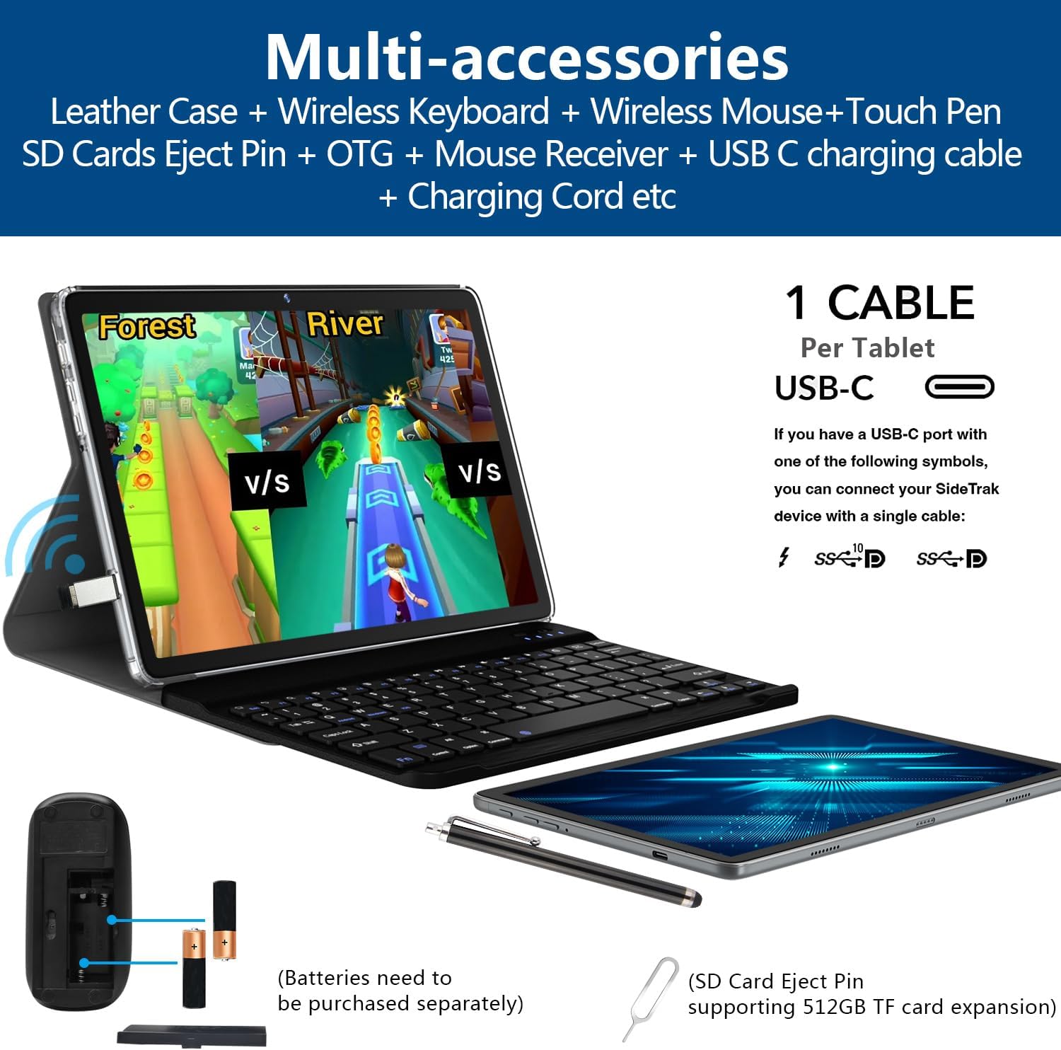 2025 Latest 2 in 1 Tablet 128GB Storage+1TB Expand 10 inch Tablets, 2.4G&5G WIFI Tablet PC, Android 14 Tablets with Keyboard, Octa Core HD Touchscreen 13MP Dual Camera GMS Tableta with Case Mouse Gray