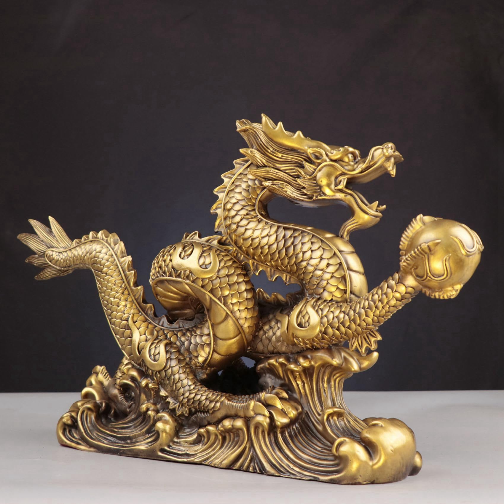 Qarmijaer Brass Chinese Feng Shui Dragon Statue Decor for Wealth and Success Good Lucky Gifts, Gold Yellow - Image 2