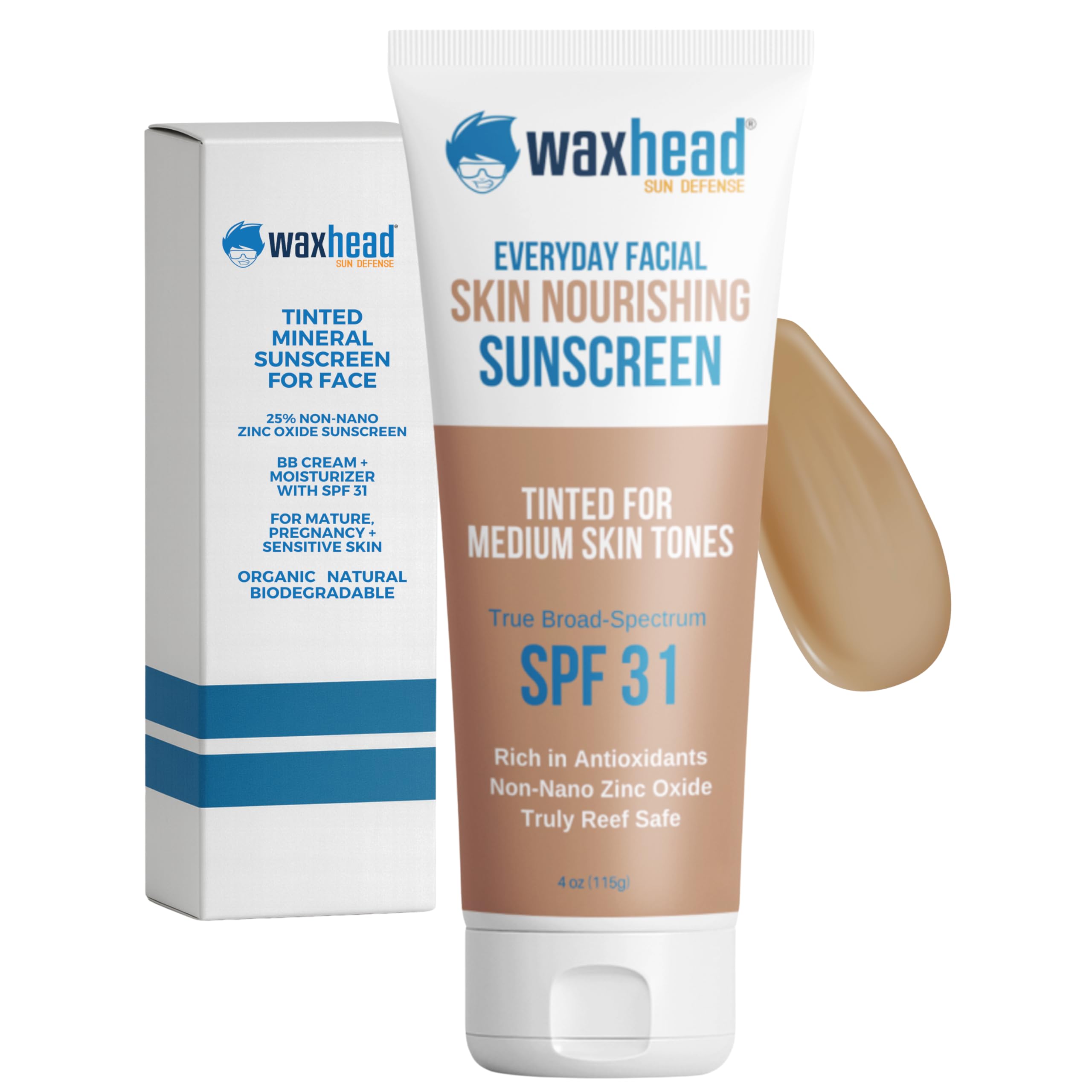 Waxhead - Protector solar mineral tintado para cara, crema hidratante Sheer Glow BB Cream con SPF 31, óxido de zinc no nano, sin perfume, protector solar mineral no comedogénico, para usar debajo del