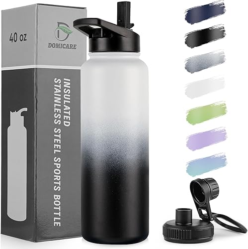 Miniatura 1 de DOMICARE Botella de agua aislada de 40 onzas, botella de agua deportiva de acero inoxidable aislada al vacío con tapa de popote y tapa de boquilla,