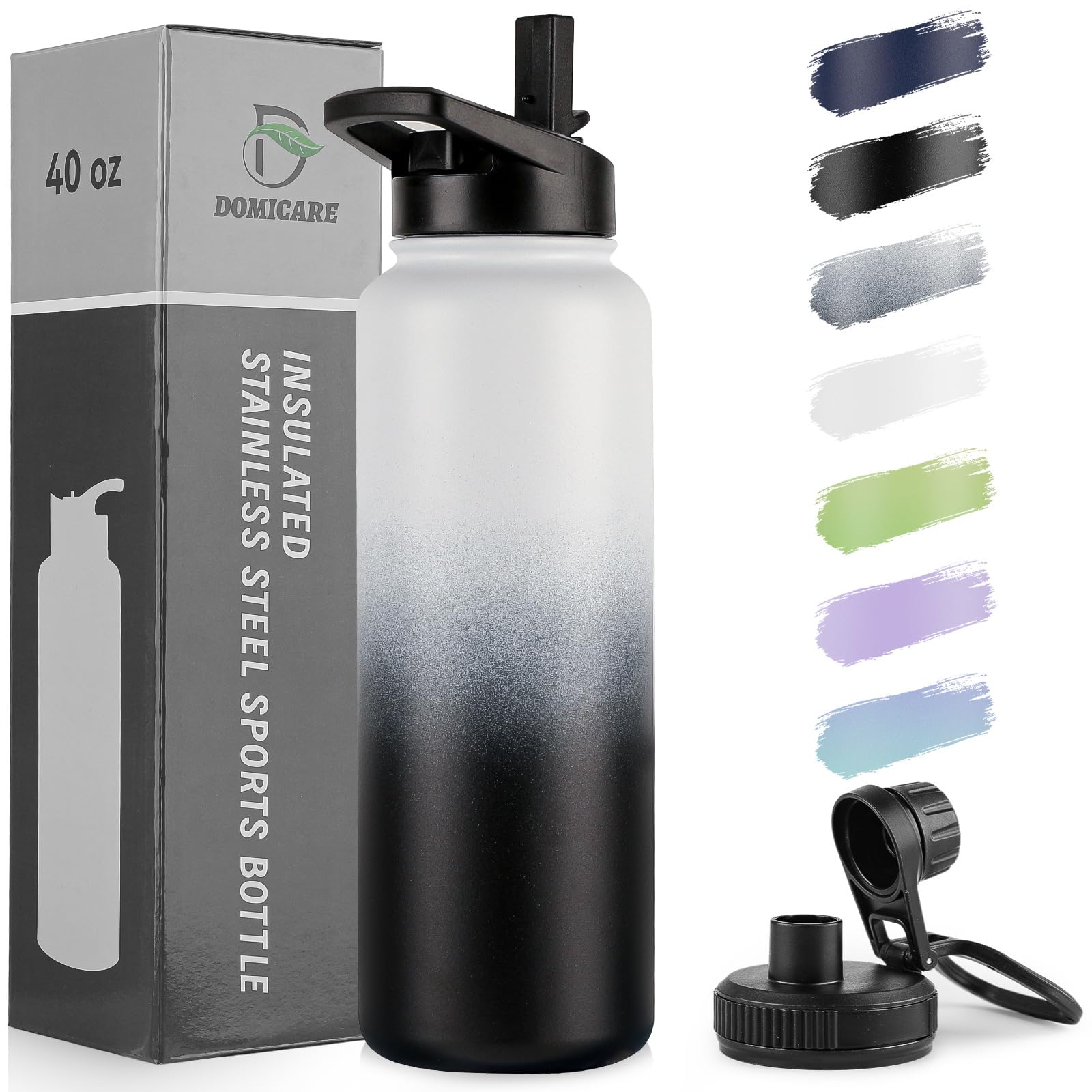 40 oz Insulated Water Bottle, Vacuum Insulated Stainless Steel Sports Water Bottle with Straw Lid & Spout Lid, Leakproof, Reusable - Travel, Camping, Bike, Black White Gradient