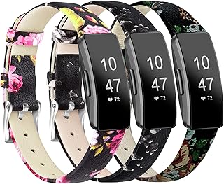 POHNUI 3 Pack Leather Bands Compatible with Fitbit Inspire 2/Inspire 3/Inspire HR/Inspire/Ace 2,Soft Leather Replacement Straps for Fitbit Inspire Fitness Tracker Women Men (Flower Gray+Flower Red+Flower Pink)