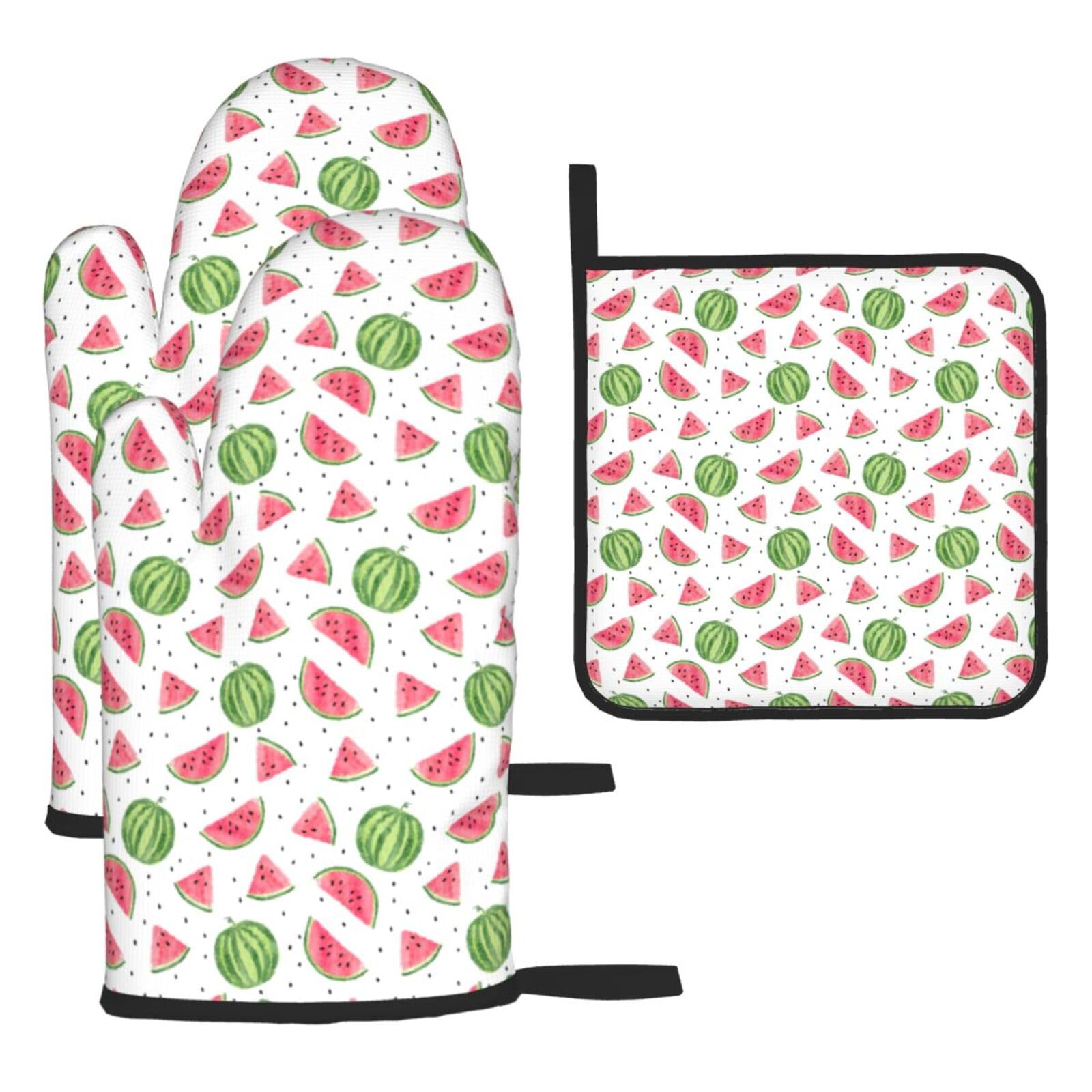 Watermelon Fresh Fruit Print Oven Mitts Kitchen Gloves Set Everyday Baking Grilling Microwaving Cooking Gift