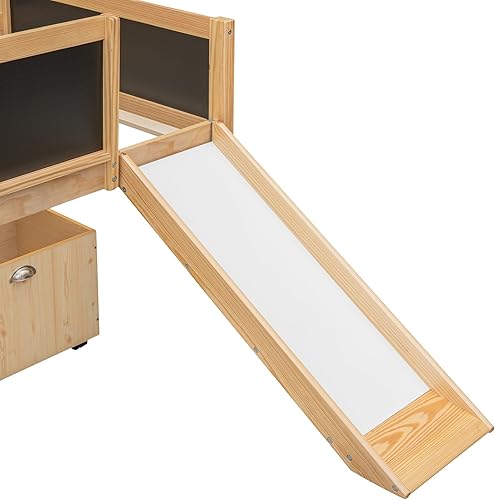 Miniatura 9 de CITYLIGHT Cama alta baja con tobogán, cama individual de madera para niños, cama alta individual con 2 cajas de juguetes y pizarra decorativa para