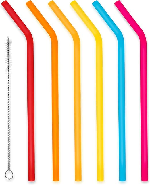 Joie Silicone Straws with Cleaning Brush, Set of 6, Rainbow Color Assortment