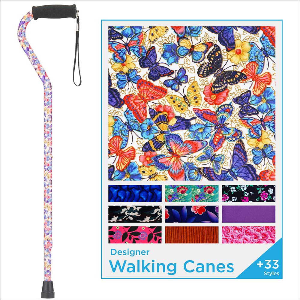 NOVA Designer Walking Cane with Offset Handle, Lightweight Adjustable Walking Stick with Carrying Strap, “Butterfly Symphony” Design