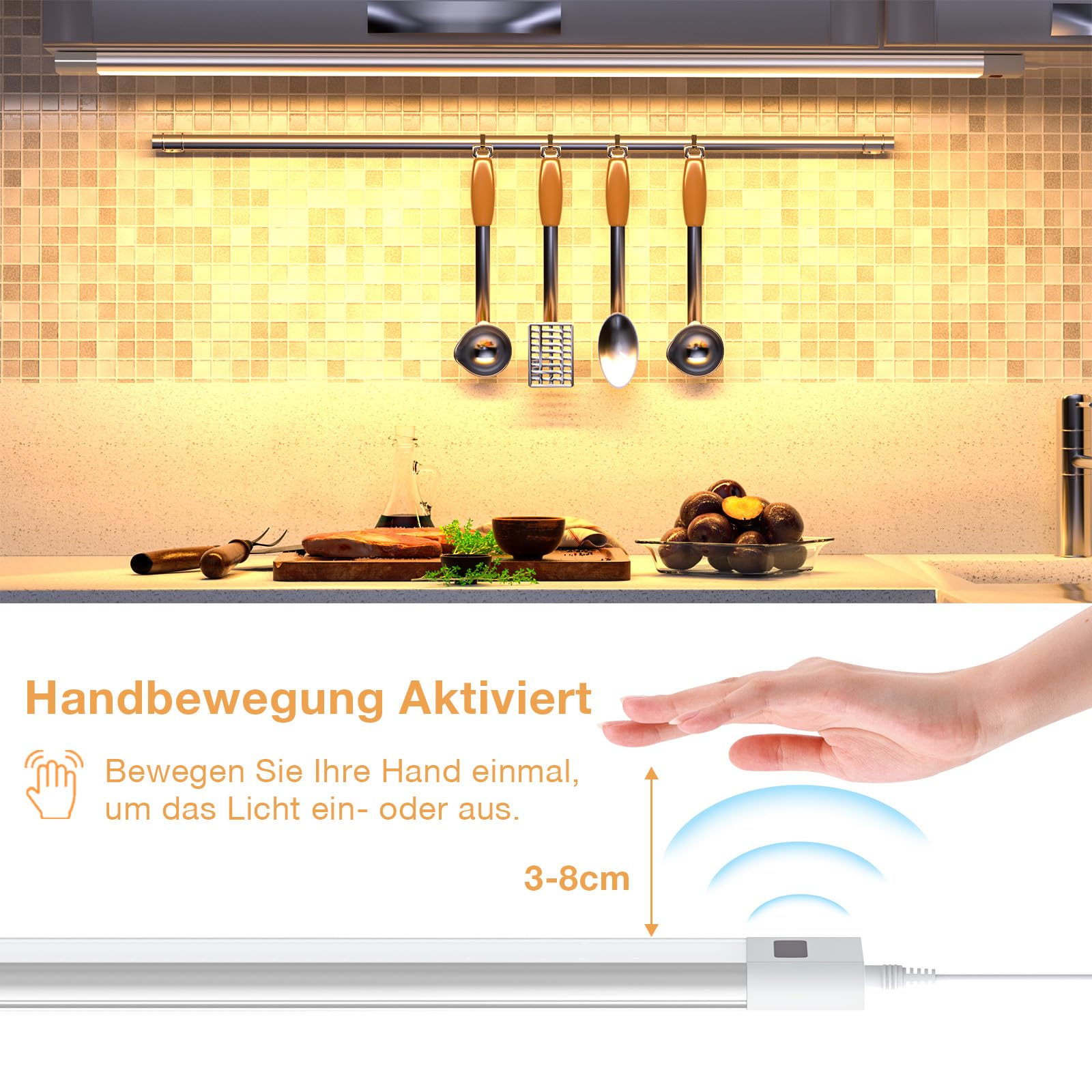 WOBANE 60cm Unterbauleuchte LED Dimmbar,5 Lichtfarben,Heller LED Lichtleiste mit Berührungsloser Sensor,LED küchenbeleuchtung unterbau,Unterschrank Beleuchtung für Regale,Werkbank