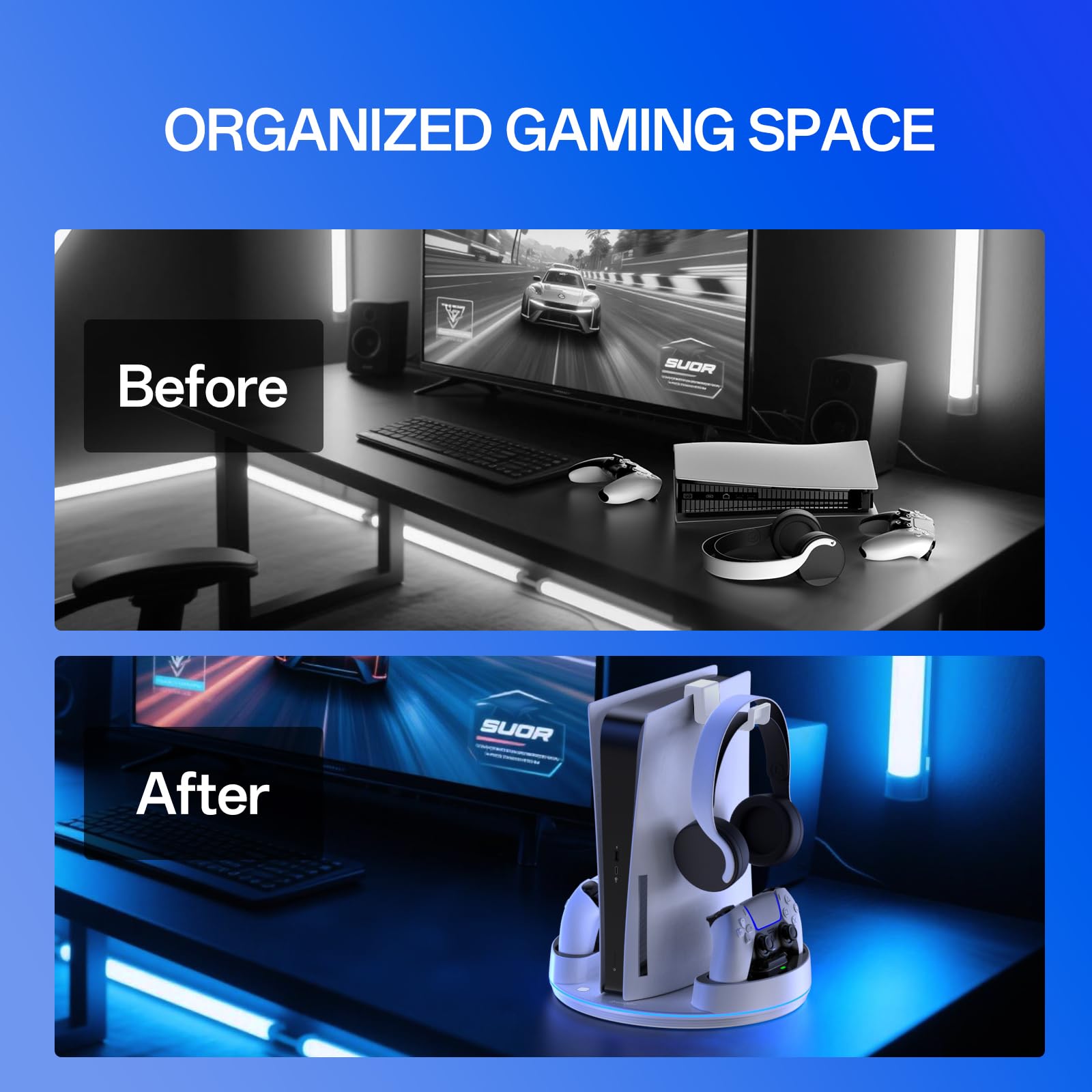NEWDERY per PS5/PS5 Slim/PS 5 Pro Stand, stazione di ricarica doppio controller con luce RGB per PlayStation 5, supporto verticale per Playstation 5 Digital/Disc Console, bianco