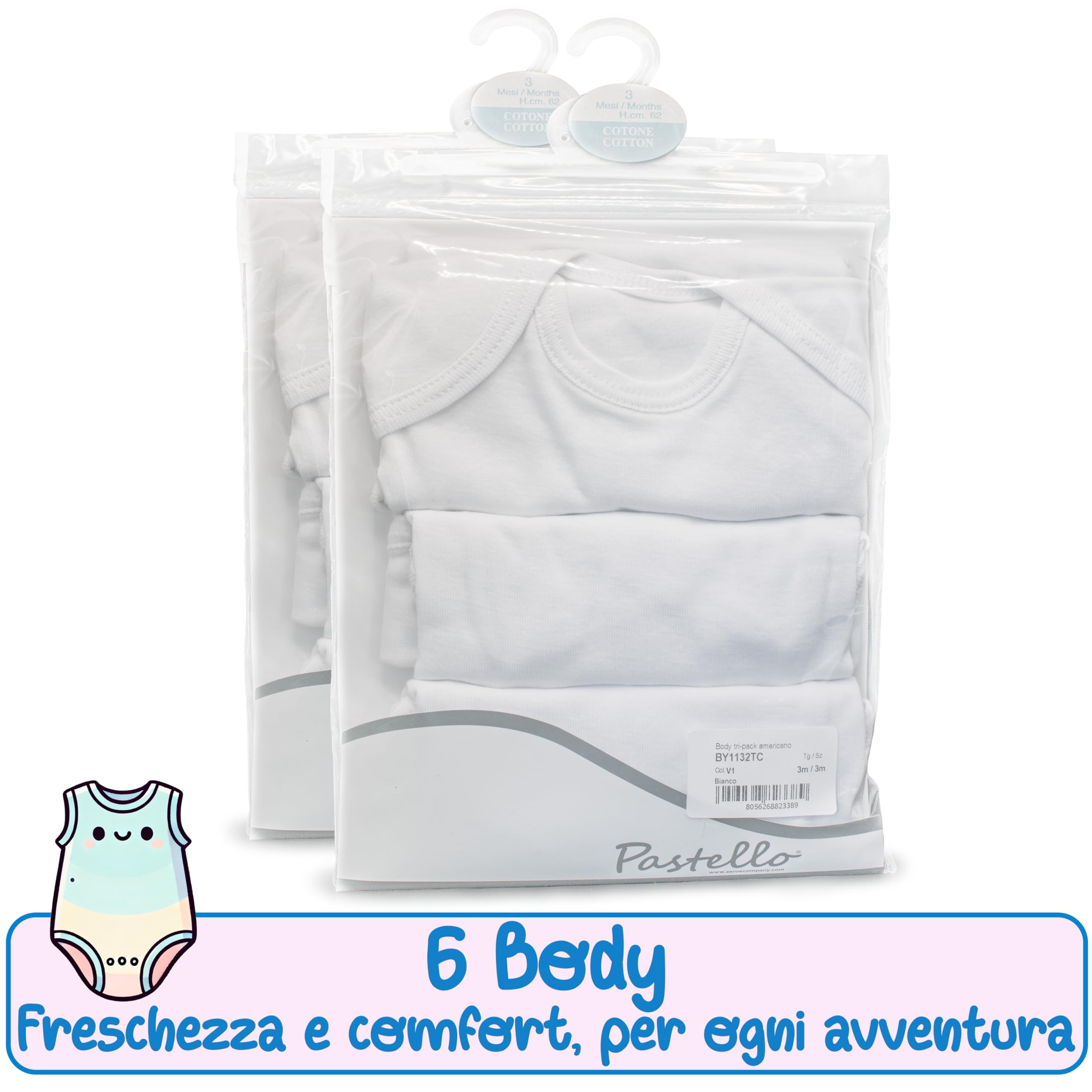PASTELLO - Lot de 6 corps pour bébé 100 % coton, coupe américaine avec manches, pratique et confortable (Art. BY1132TC)