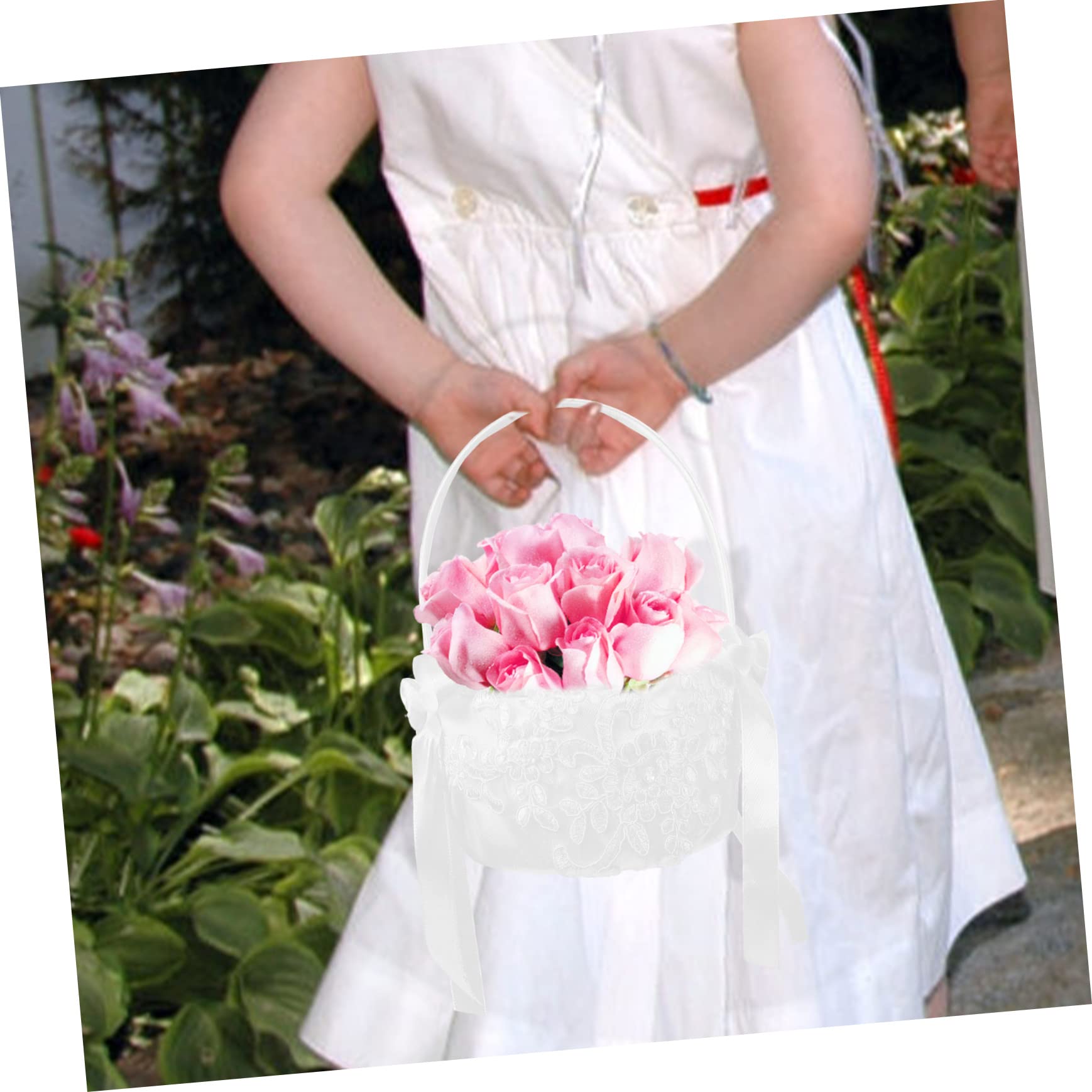 OUNONA 4 Stück Eleganter Hochzeitskorb aus Spitze Tragbarer Blumenkorb mit Einzigartigem Griff für Hochzeiten Partys Dekoration und Praktisch Weißer Spitzenrand für