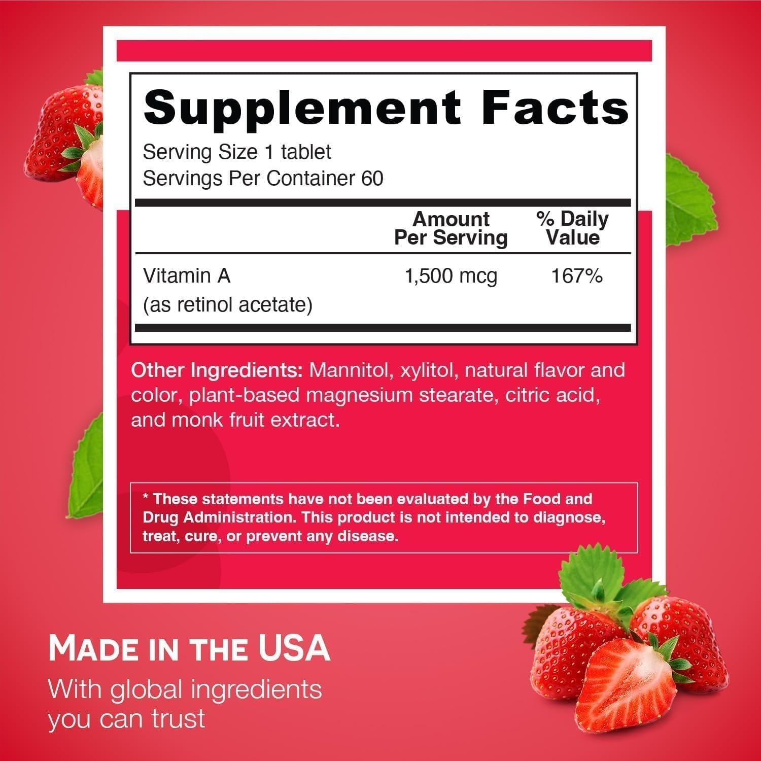 EZ Melts Vitamin A - Skin, Eye & Bone Health Supplement - Supports Healthy Nervous System - No Artificial Flavors - Non-GMO & Vegan - Strawberry Blast - 120 Dissolvable Tablets (120 Servings)