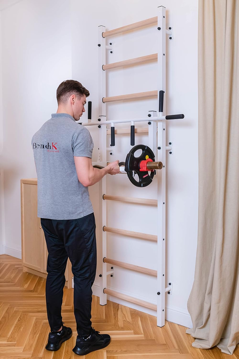 Swedish Ladder Wall Bar - Indoor Chin Up Bar Workout Equipment for Home Exercise, Physical Therapy, Gymnastics, Fitness (WallBars + Convertible Pullup Bar + Dip Bars + Bench, White)