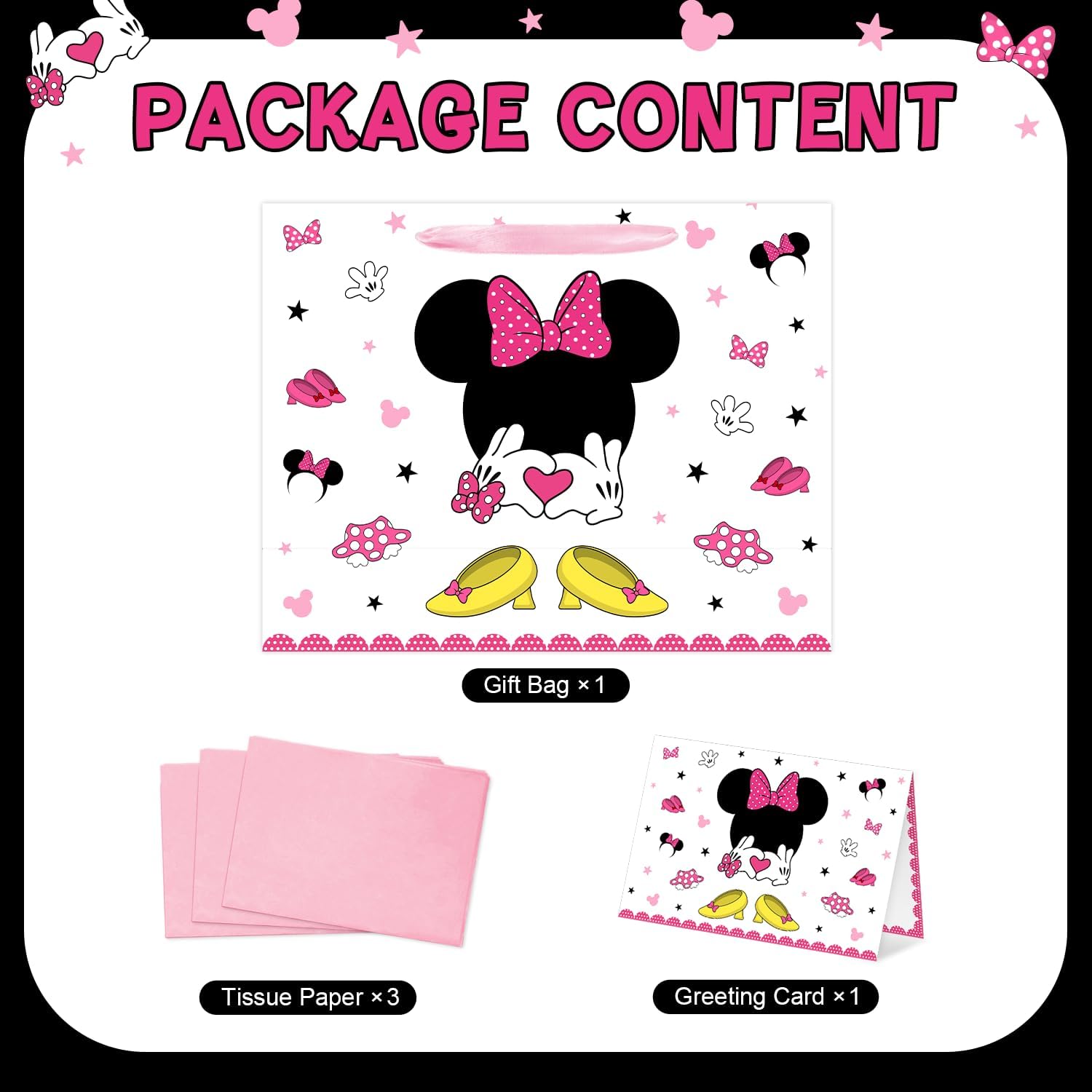 Reyoust 13" Large Cute Mouse Head Birthday Gift Bag with Tissue Paper and Greeting Card Mouse Themed Cartoon Party Gifts Bag with Handles Pink White Wrapping Paper Bags for Kids Girls Birthday