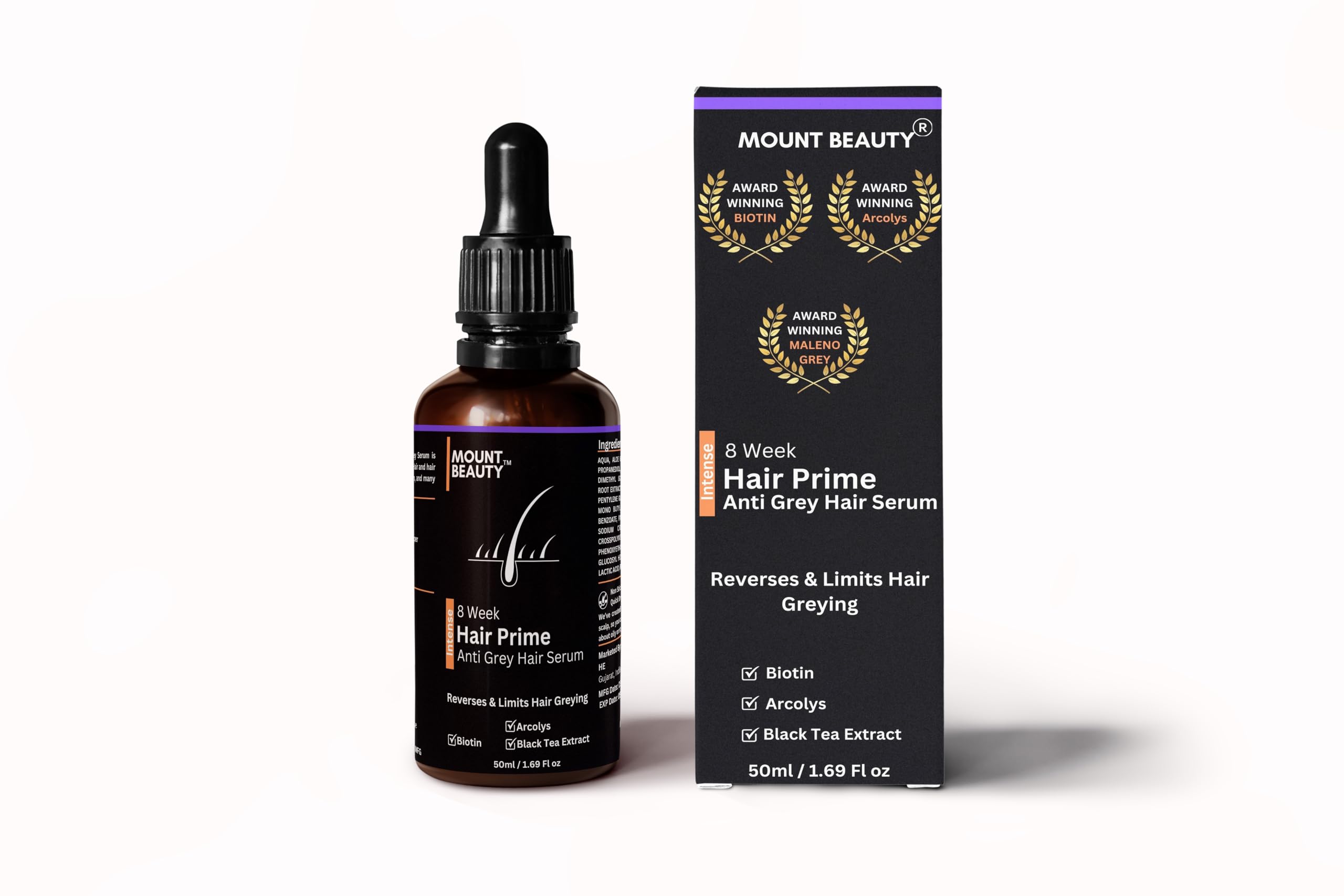 MOUNT BEAUTY Anti-Grey Hair Prime Serum | Reverses & Limits Hair Greying Biotin, Black Tea Extract | Light-Weight, Non-Sticky & Odourless | For Men