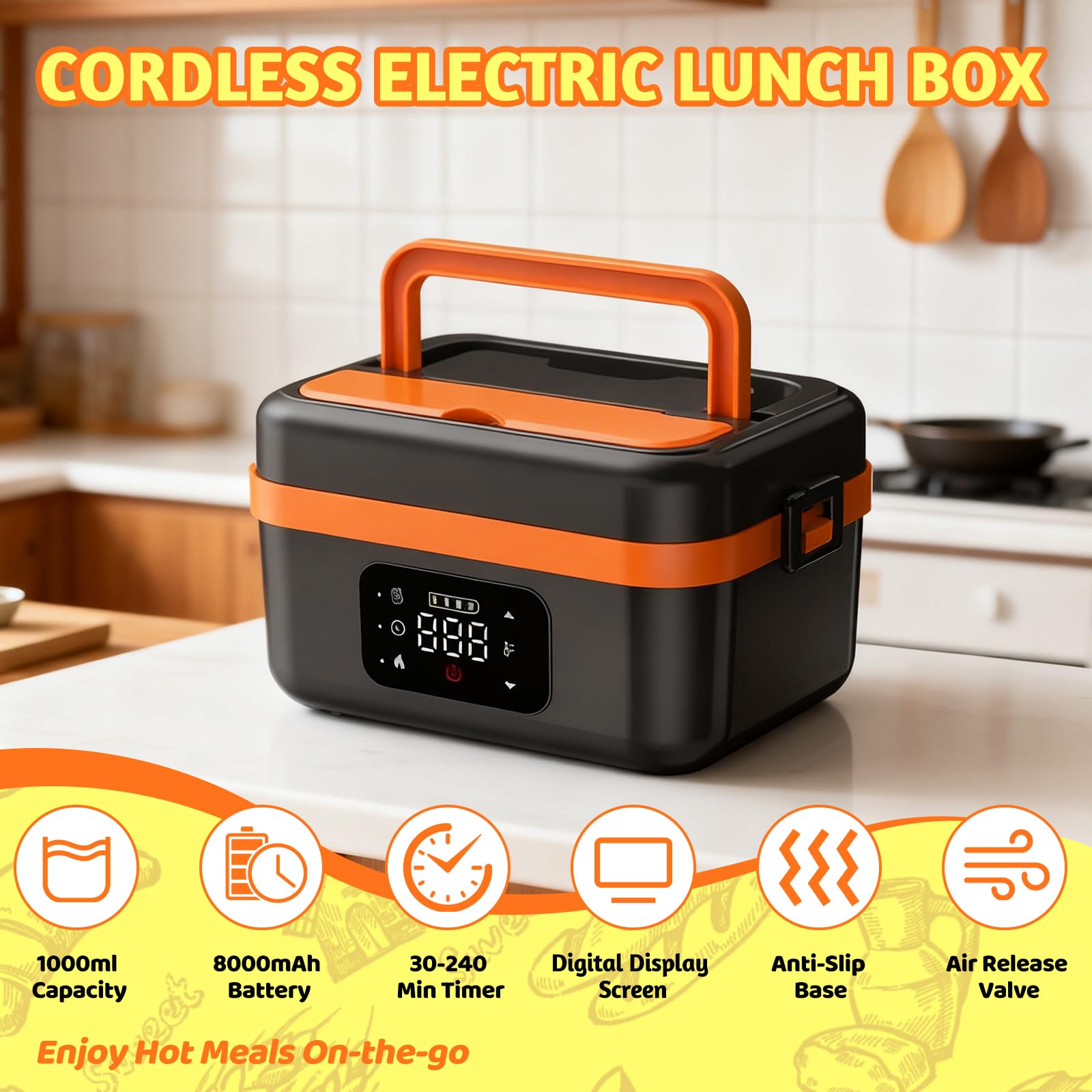 Lonchera eléctrica para alimentos, lonchera recargable para adultos, lonchera inalámbrica con autocalentamiento de 1 litro, contenedor interior extraíble de acero inoxidable 304, calentador de