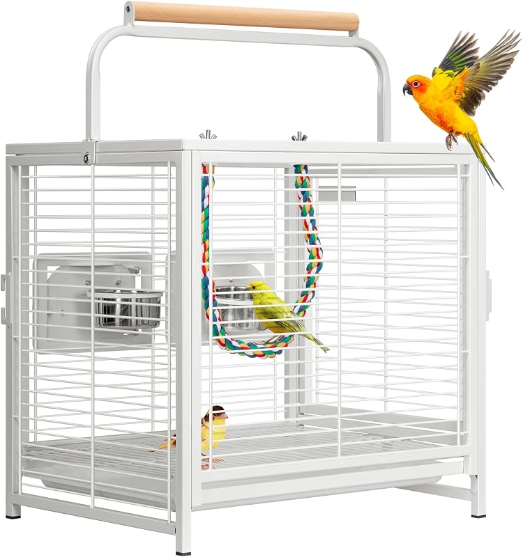 Gaiola de viagem para aves em aço com poleiro de madeira VIVOHOME VH464-WH – 48,01 × 38,1 × 47,5–65,02 cm
