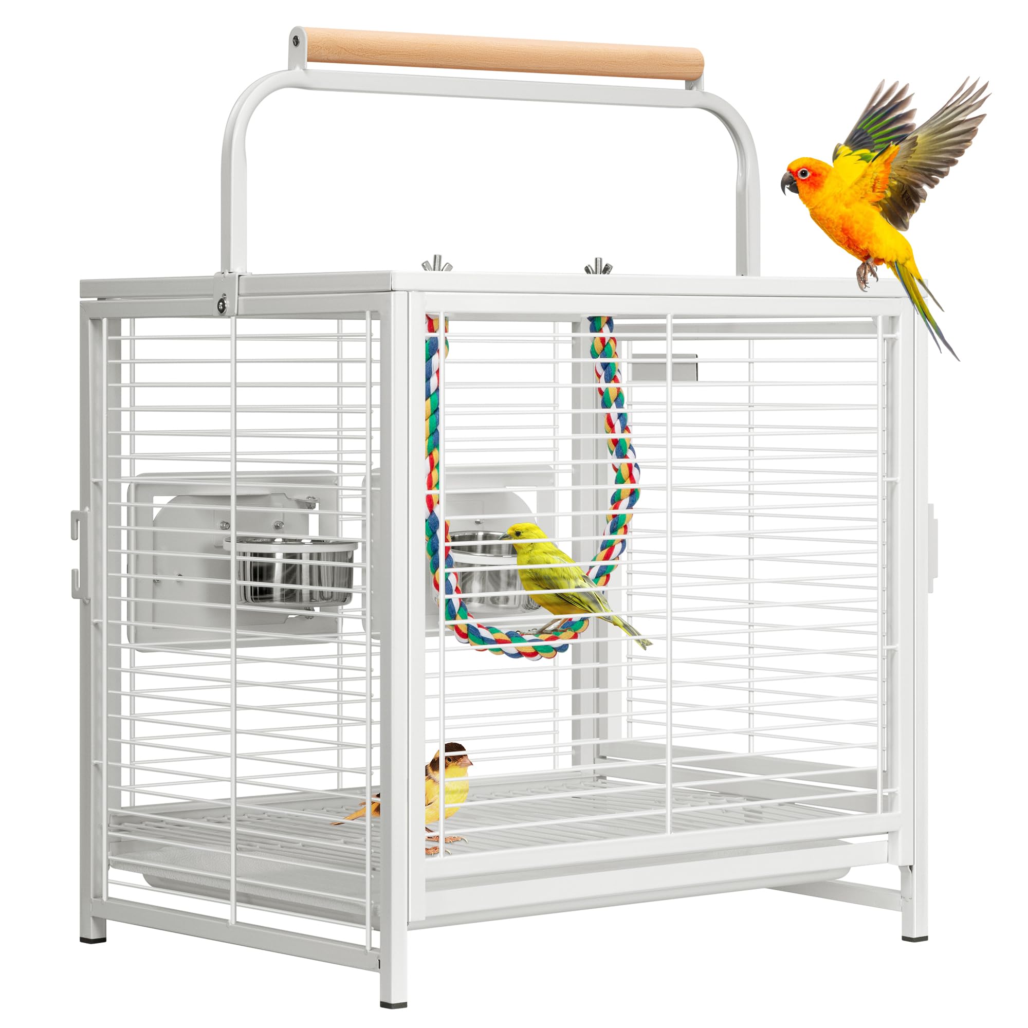 VIVOHOME 48cm Wrought Iron Bird Travel Carrier Cage with Handle, Bird Transport Cage With Wooden Perch, Portable Parrot Cage with Pullable Tray for Parrots Conures Lovebird Cockatiel Parakeets,White