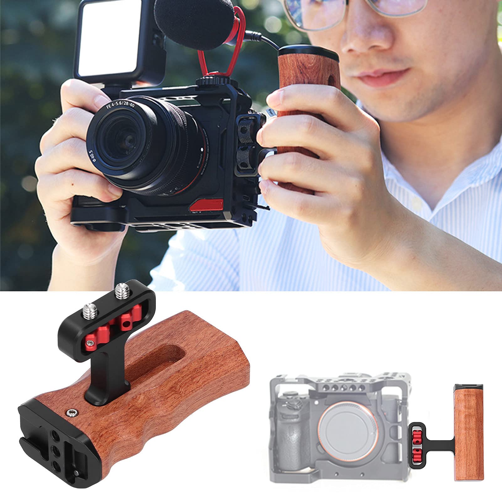 Jaula Universal para Cámara de Vídeo, de Madera con Soporte de Zapata Fría para Monitor, Iluminación de Micrófono, Orificio para Tornillo de 1/4 Pulgadas