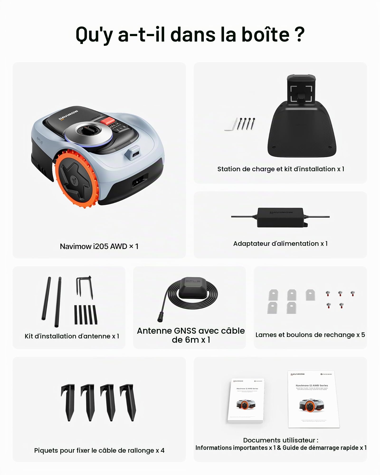 Segway Navimow i205 AWD Robot tondeuse et Garage S, Trois roues motrices, monte les pentes jusqu'à 45%, EFLS NRTK + Vision, Cartographie automatique, sans antenne, jardin de 500 m²(expédié séparément)