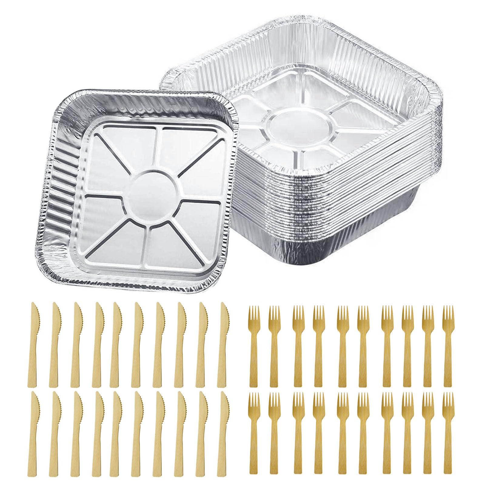 SJDOFU 20 Pack Aluminium Foil Trays, 1300ML Disposable Aluminum Foil Tray with Lids and Wooden Disposable Cutlery for Baking Roasting Food Prepping (20.5x20.5x4.5cm)