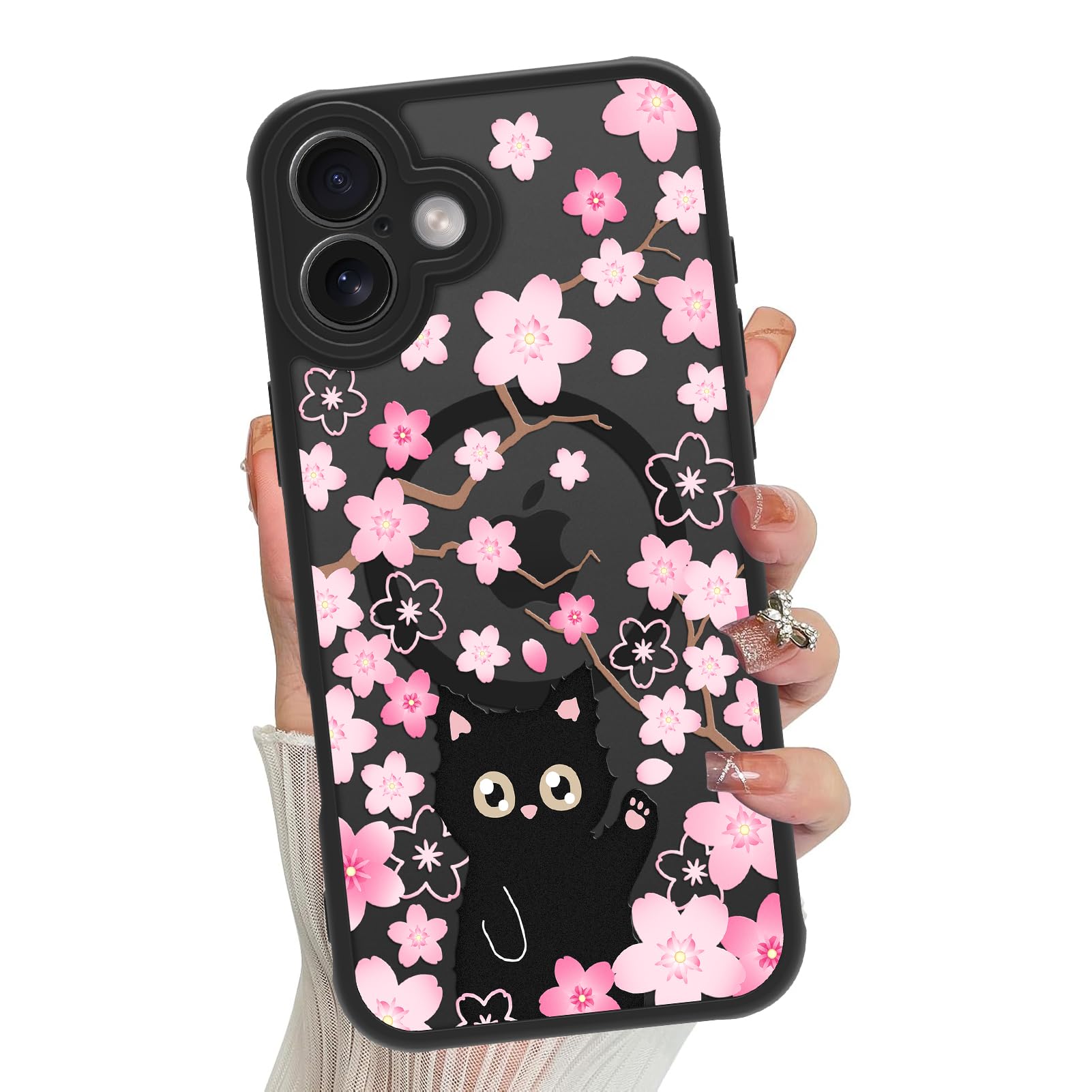 Jefonha Magnet-Hülle Für IPhone 16 Pro – Niedliches Katzen- & Kirschblüten-Design, MagSafe-kompatibel, Matte Oberfläche