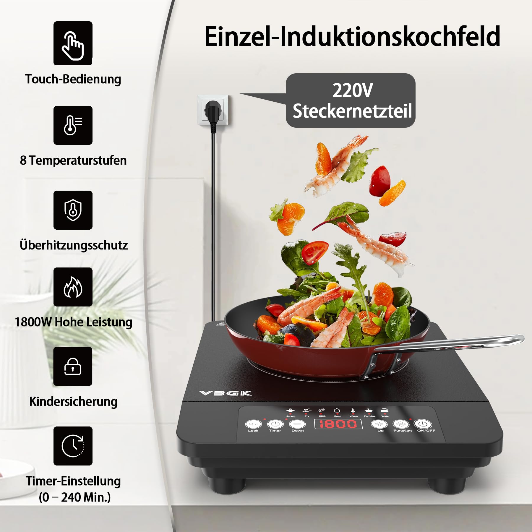 VBGK Induktionskochfeld 1 Platten,1800W Tragbares Induktionskochplatte, 220V Kochfelder mit LCD-Touch, 8 Temperaturstufen, Kindersicherung,4-Stunden-Timer