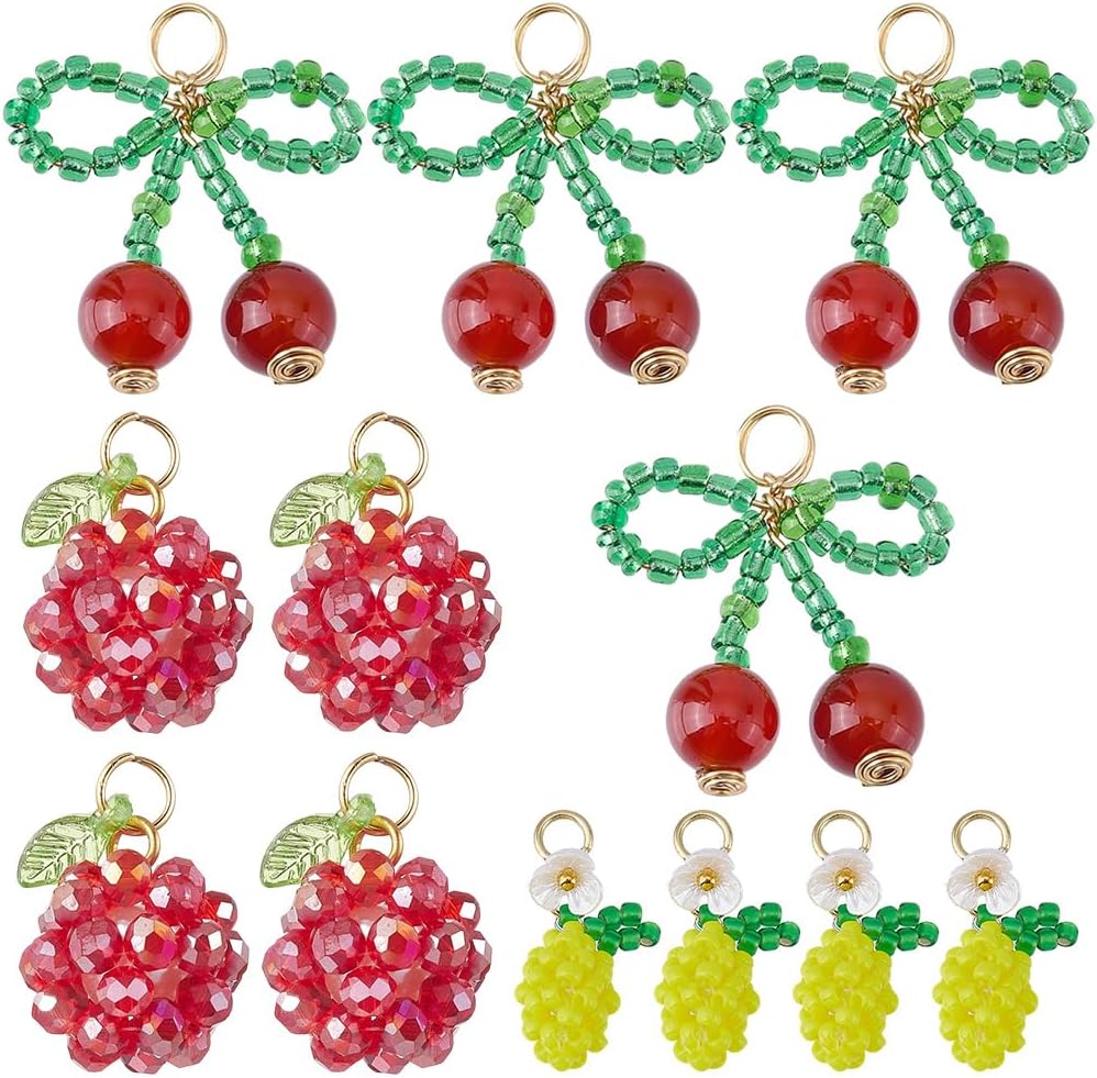 SUNNYCLUE 1 Box 12pcs 3 Styles Seed Bead Fruit Charms Cute Fruit Charms Glass Beaded Cute Lemon Red Cherry Faux Foods Shape Themed Dangle Pendants for Jewelry Making Charm Women Birthday Wedding DIY