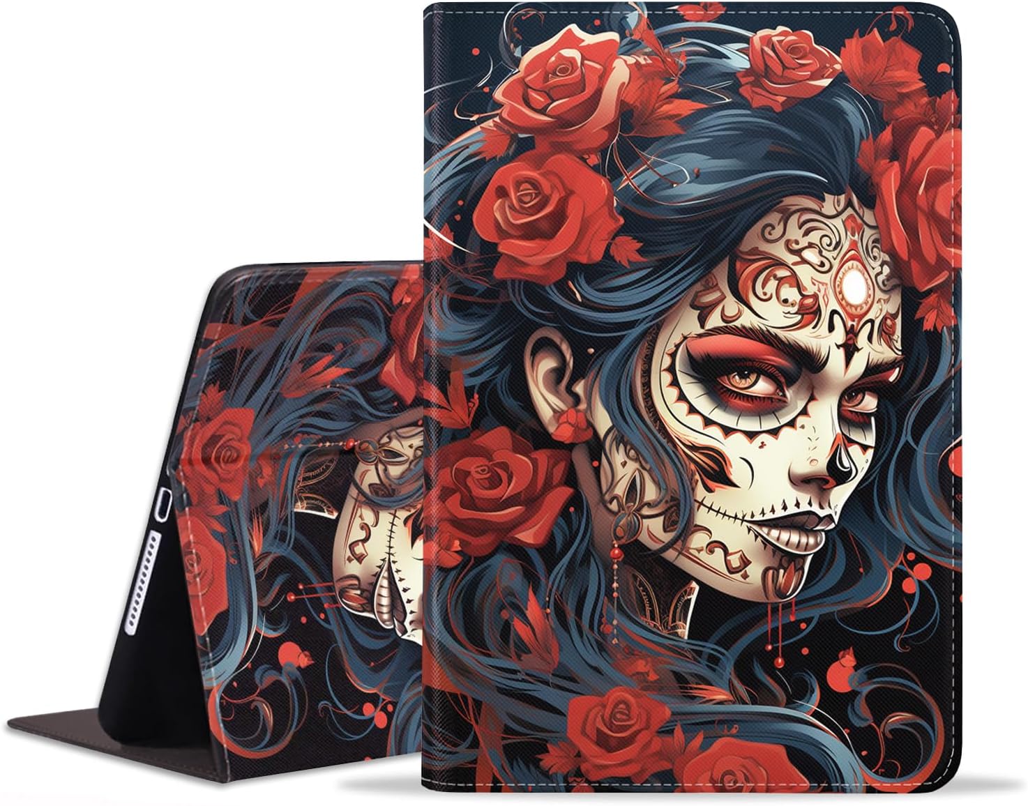 Case for iPad Air 13 Inch (M2) 2024/iPad Pro 12.9 Inch 6th/5th/4th/3rd Gen 2022/2021/2020/2018, Adjustable Stand Auto Wake/Sleep Smart Leather Cover, Sugar Skull Girl Roses