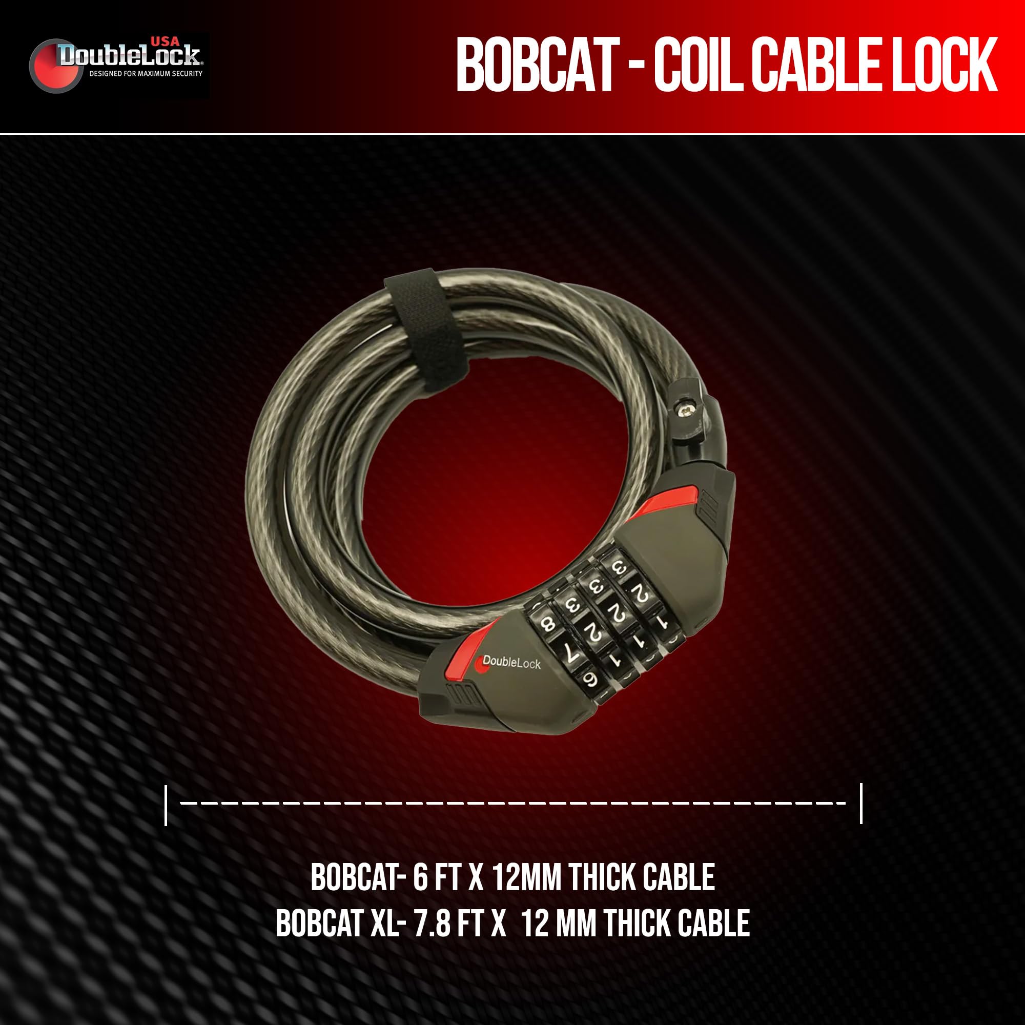 DoubleLock Bobcat XL Bobcat - Candado de cable con combinación de bobina y soporte para bicicleta, cable compacto de 4 dígitos de 4 dígitos de grosor para bicicletas, bicicletas eléctricas, scooters