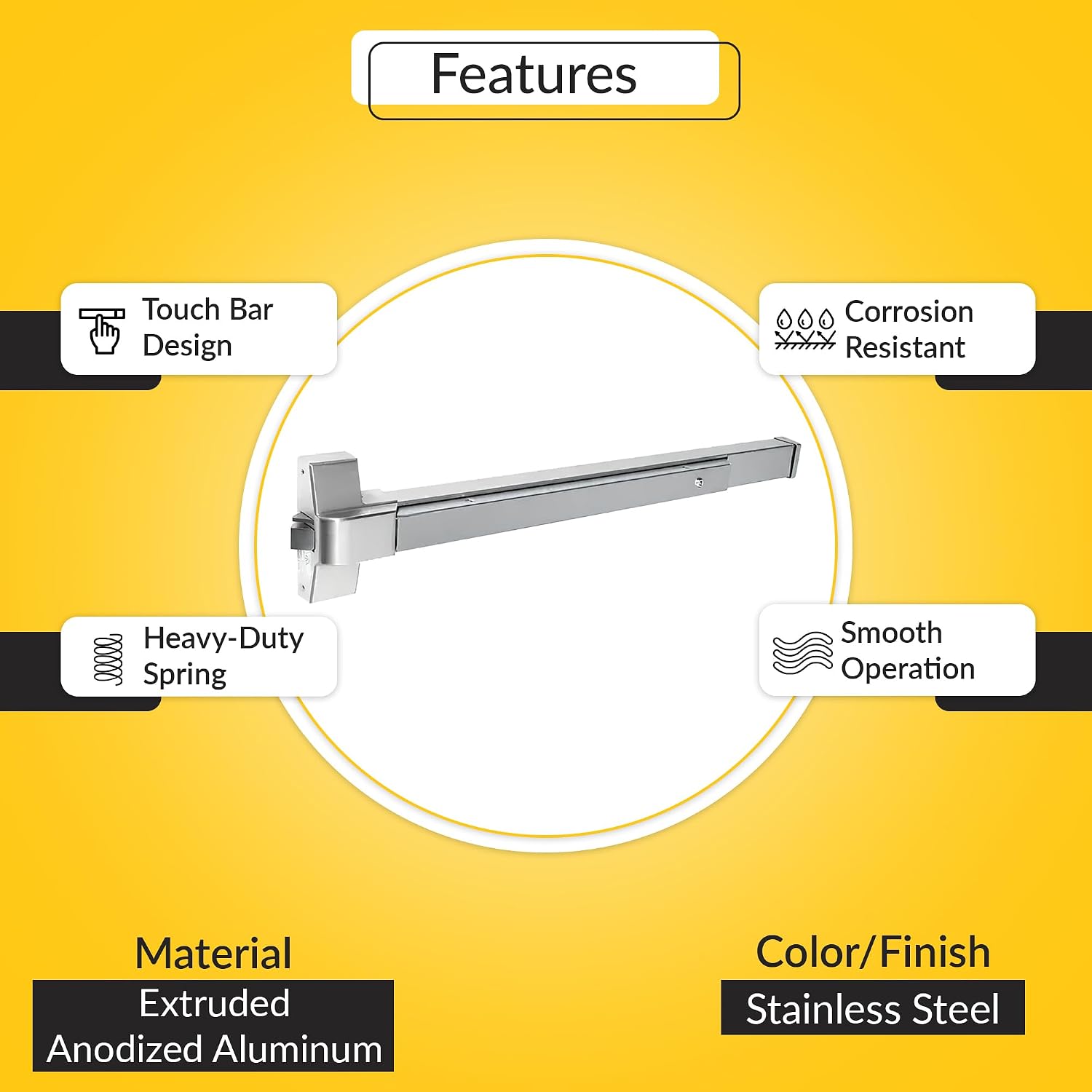 Brixwell Touch Bar Exit Device, Extruded Anodized Aluminum, Stainless Steel Finish, 32-11/16" Length, 3-17/32" Latch Hole Spacing, 2-3/8" Touch Bar Hole Spacing, 2-5/8" Latch Plate Hole Spacing