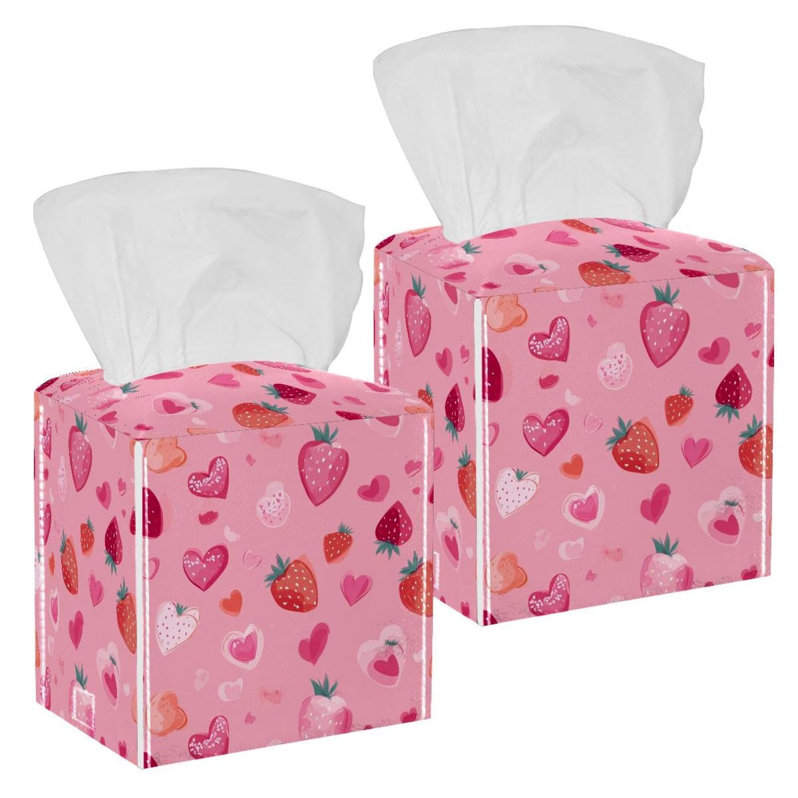 Hearts and Strawberries Tissue Box Cover, 2 Pack PU Leather Square Facial Tissue Dispenser Box holder for Home Office Car
