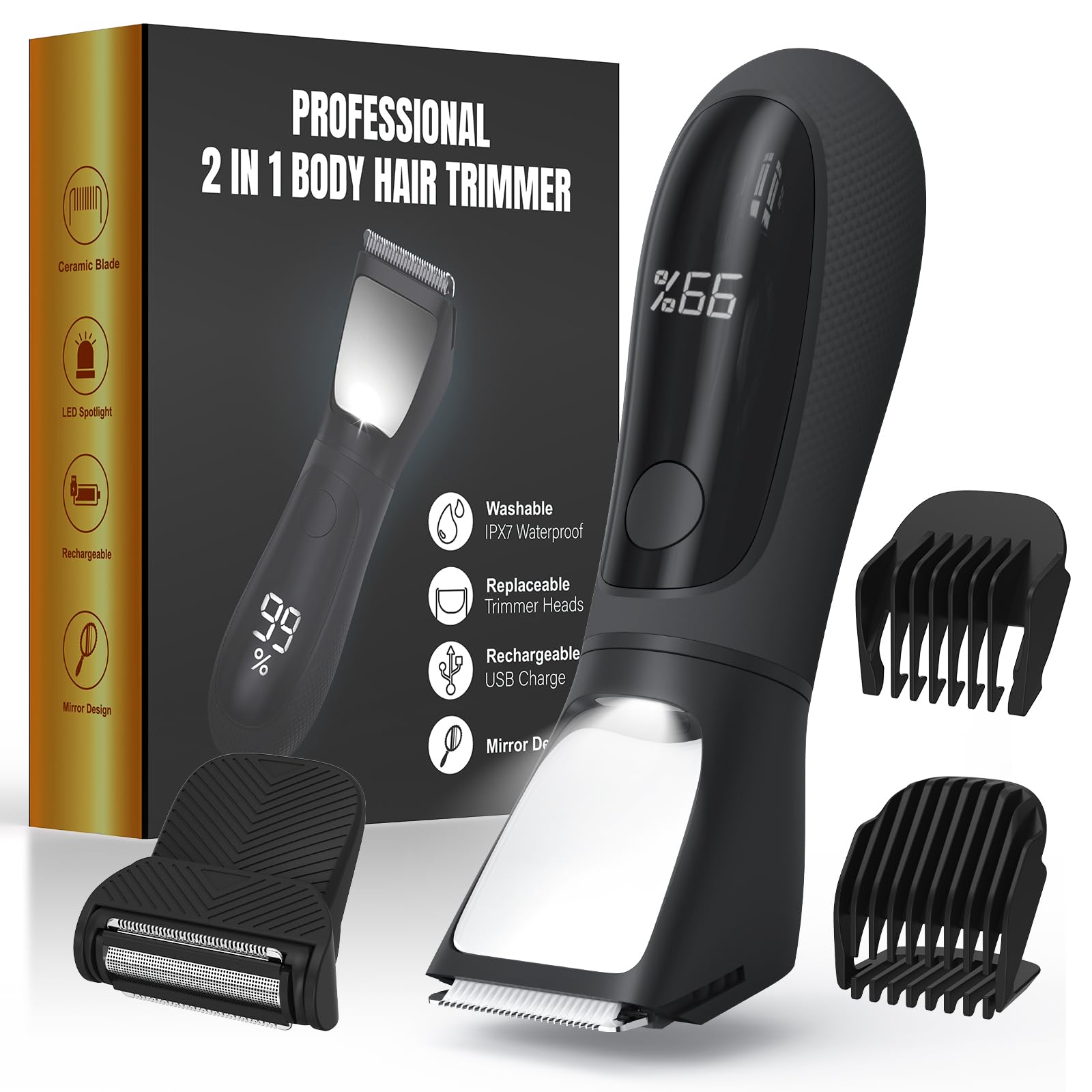 Bikini Trimmer for Women Men, 2 in 1 Electric Razors Shaver, IPX7 Waterproof Body Hair Trimmer with Mirror, LED Light &amp; Display, Painless Pubic Hair Removal, Black
