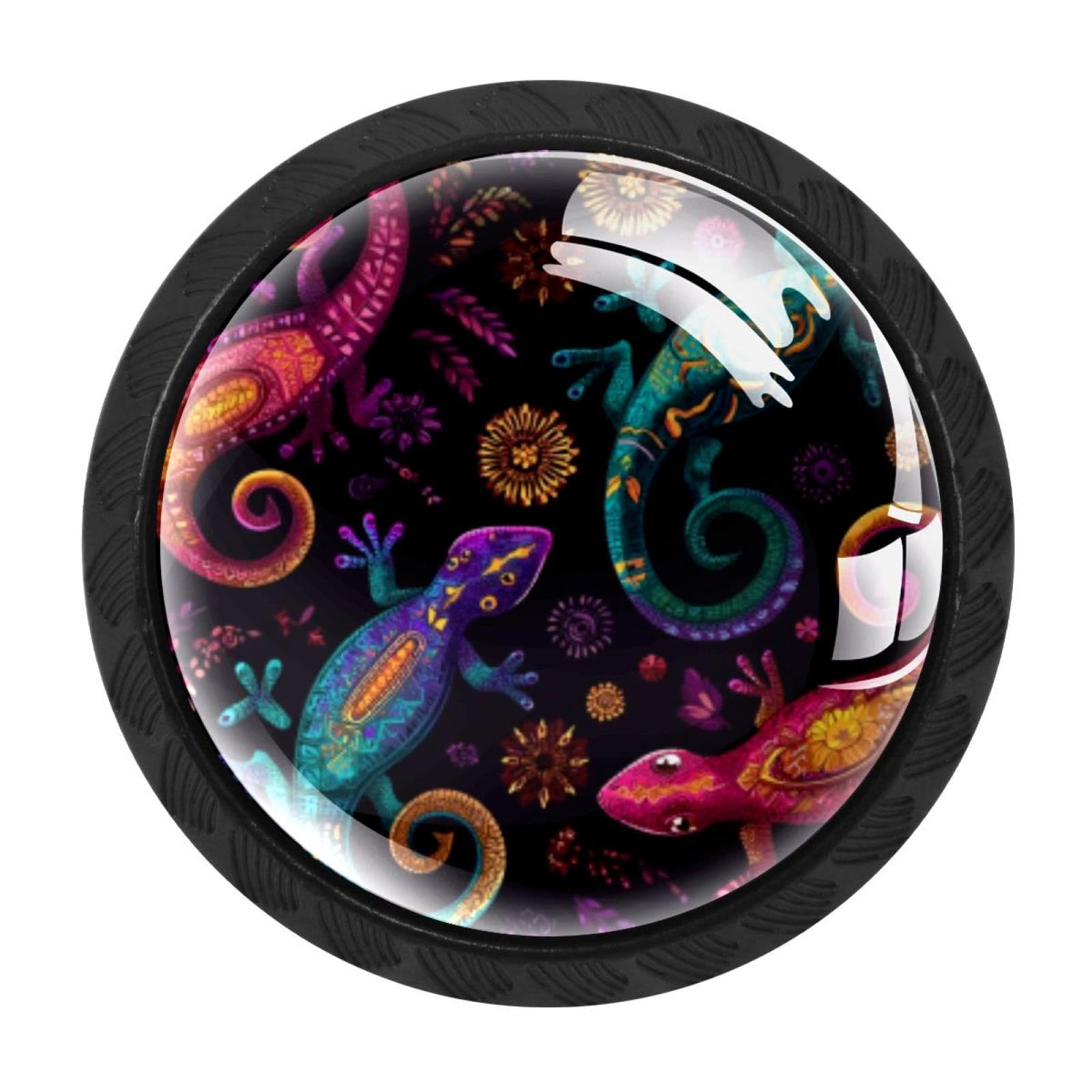 CHENZZZZ 4 Pieces Ethnic Gecko Pattern (3) Drawer Knobs, 35mm Black Cabinet Knobs, Drawer Pulls and Knobs, Dresser Drawer Knobs, Cabinet Hardware Kitchen Cabinet Knobs