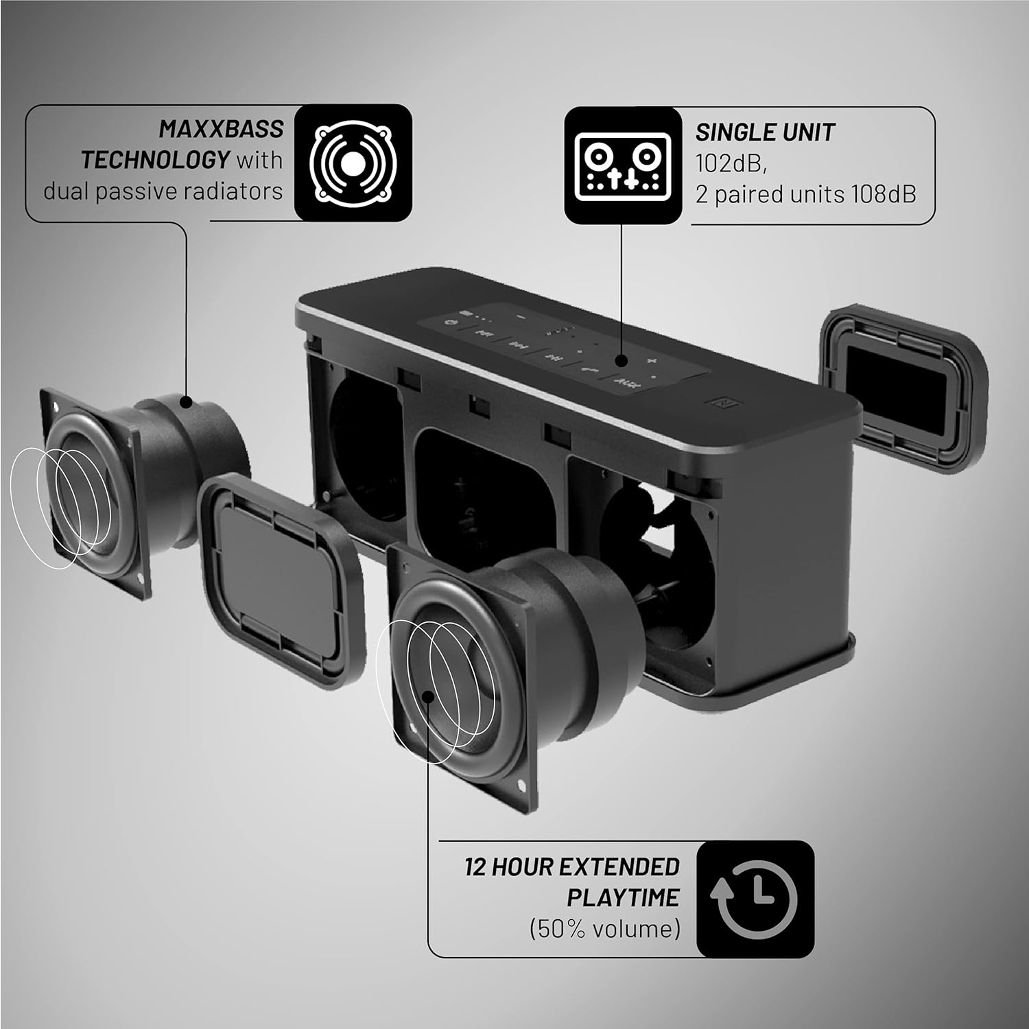 DiamondBoxx 40TWS speaker showing connectivity options and voice assistant support.