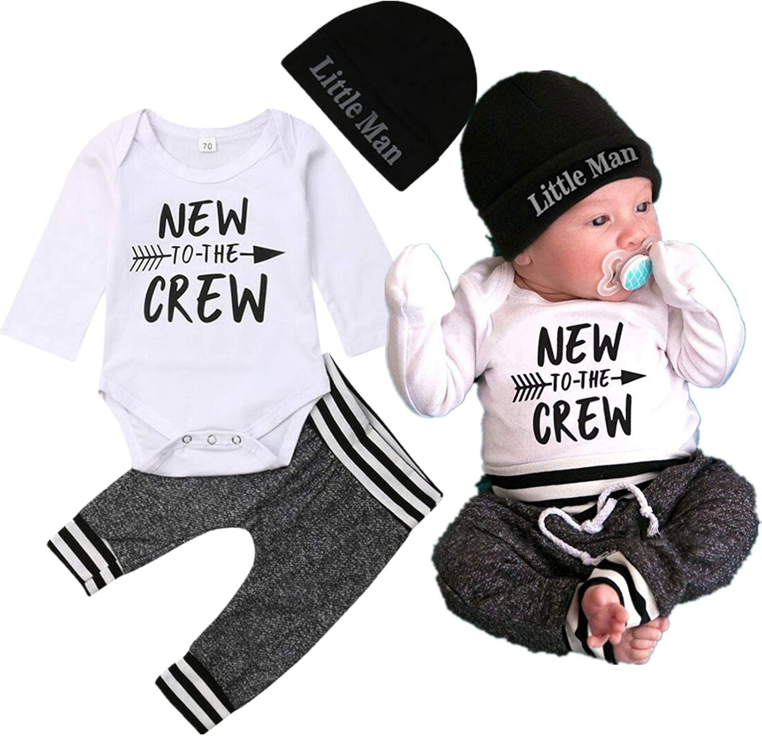Newborn Baby Boy Clothes to The Crew Printed Romper+Pants+Little Man Hat Baby Boys Outfit Clothing Set