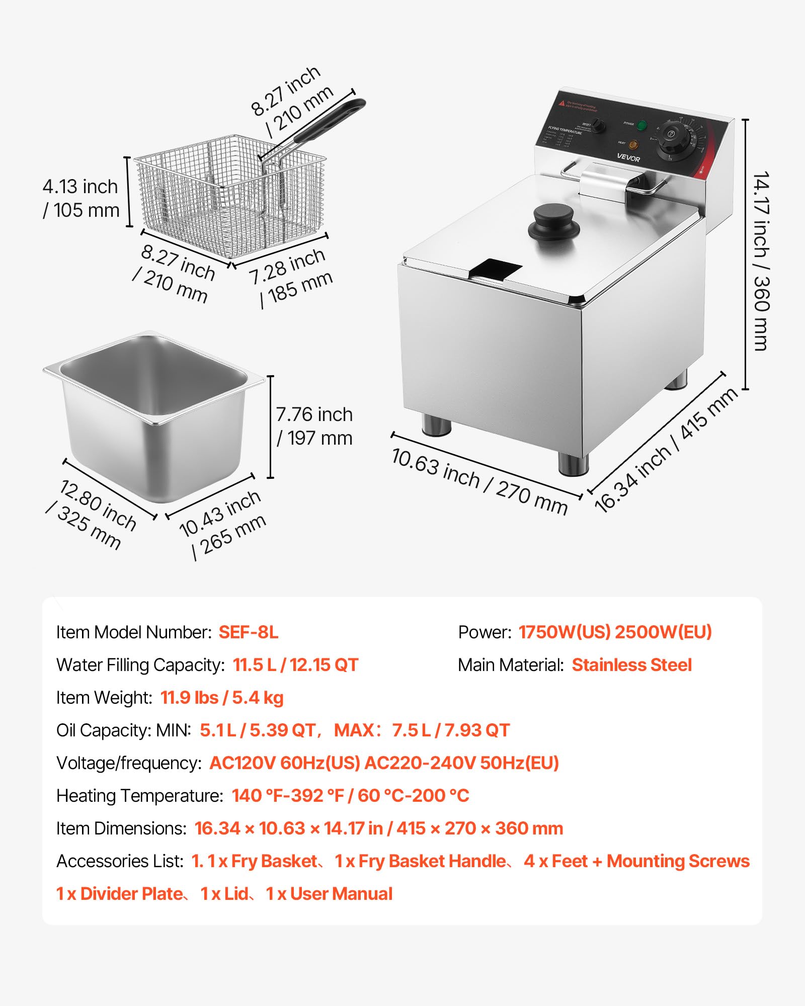 VEVOR Freidora Eléctrica Comercial 1 Tanque 7,5 L 2500 W, Freidora de Aceite de Acero Inoxidable con Cesta para Freír Tapas, Temperatura Ajustable 60-200 °C para Aros de Cebolla, Pollo, Papas Fritas