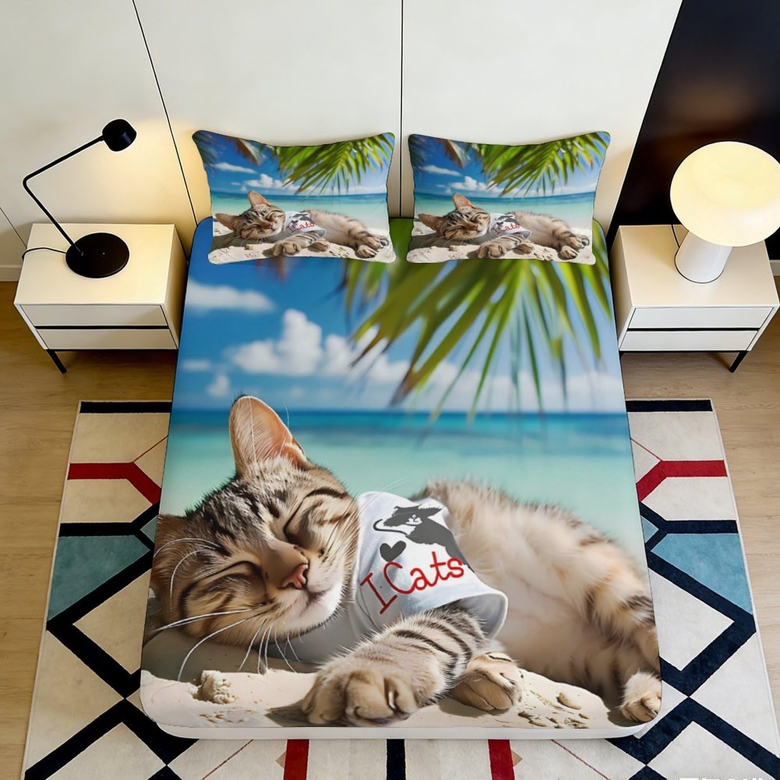Qjzxknhpgr Style-1 3D Printed Beach Cat Fitted Sheet Microfiber Soft Breathable Palm Ocean Bed Cover For Bedroom Guestroom Decor 90X200x25cm