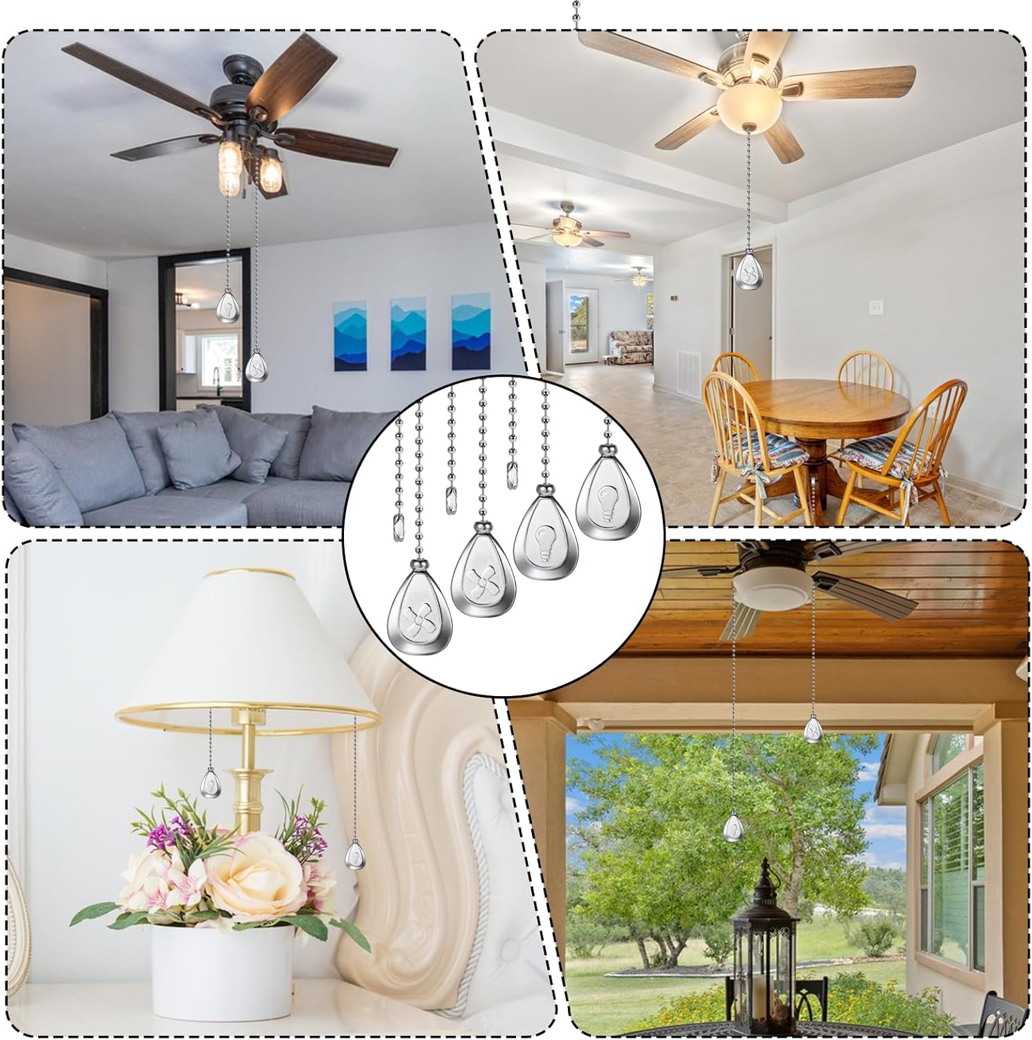 4 Pcs Ceiling Fan Pull Chain Extenders 13 Inch Fan Pull Chain Extension Classic Drop Shaped Pendant Beaded Ball Cord with Connector Decorative Pull Chains for Ceiling Fans and Lights (Silver)