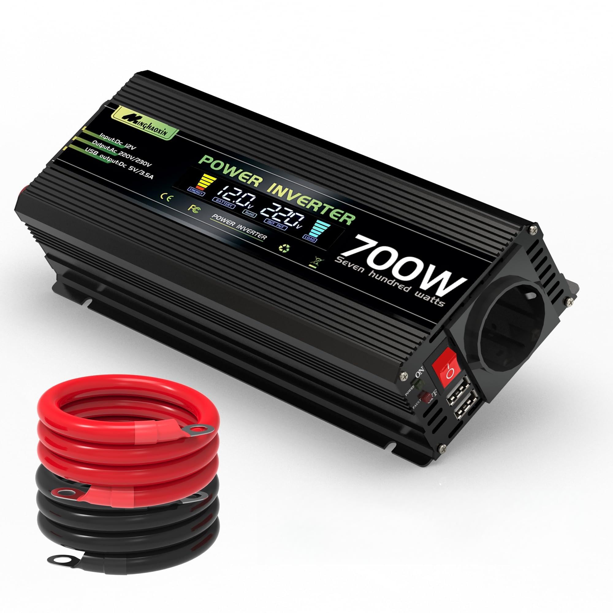 700W/1400W Wechselrichter 12V auf 230V Spannungswandler mit EU-Steckdose, USB, KFZ für Haushaltsgeräten Wohnmobile, LKW, Boote, Camping