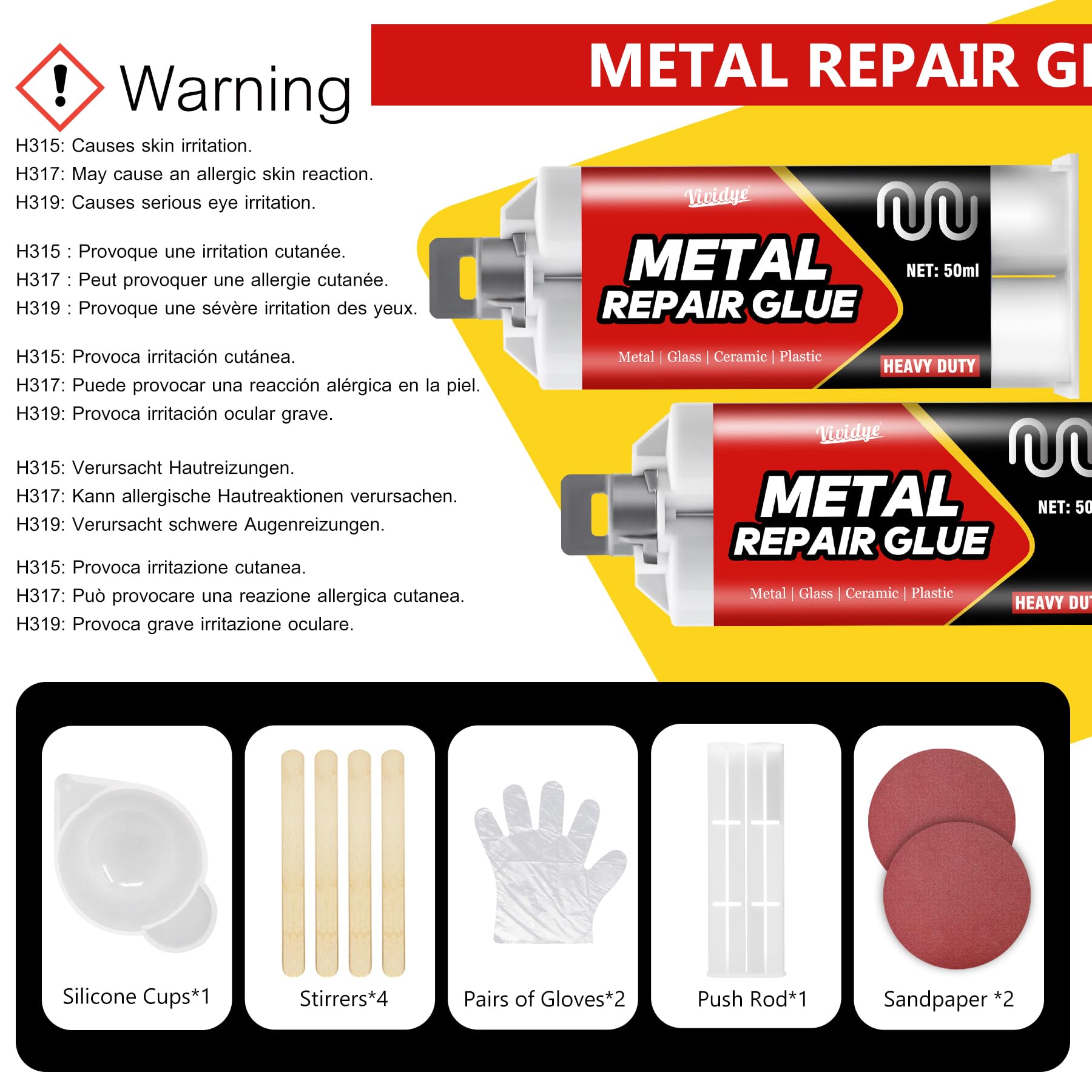Colla Metallo 100 ml - Colla Epossidica Bicomponente per la Riparazione Rapida di Metallo, Acciaio, Ferro, Lega di Alluminio, Rame, Ceramica - Adesivo Attaccatutto Forte e Resistente al Calore