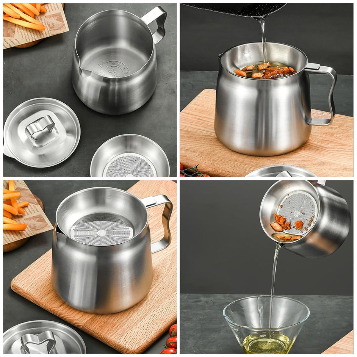 Aceitera de Acero Inoxidable 2l Filtro Colador para Aceite Usado de Cocina, Recipiente para Grasa Diseño de Superficie Lisa y Fácil Limpieza