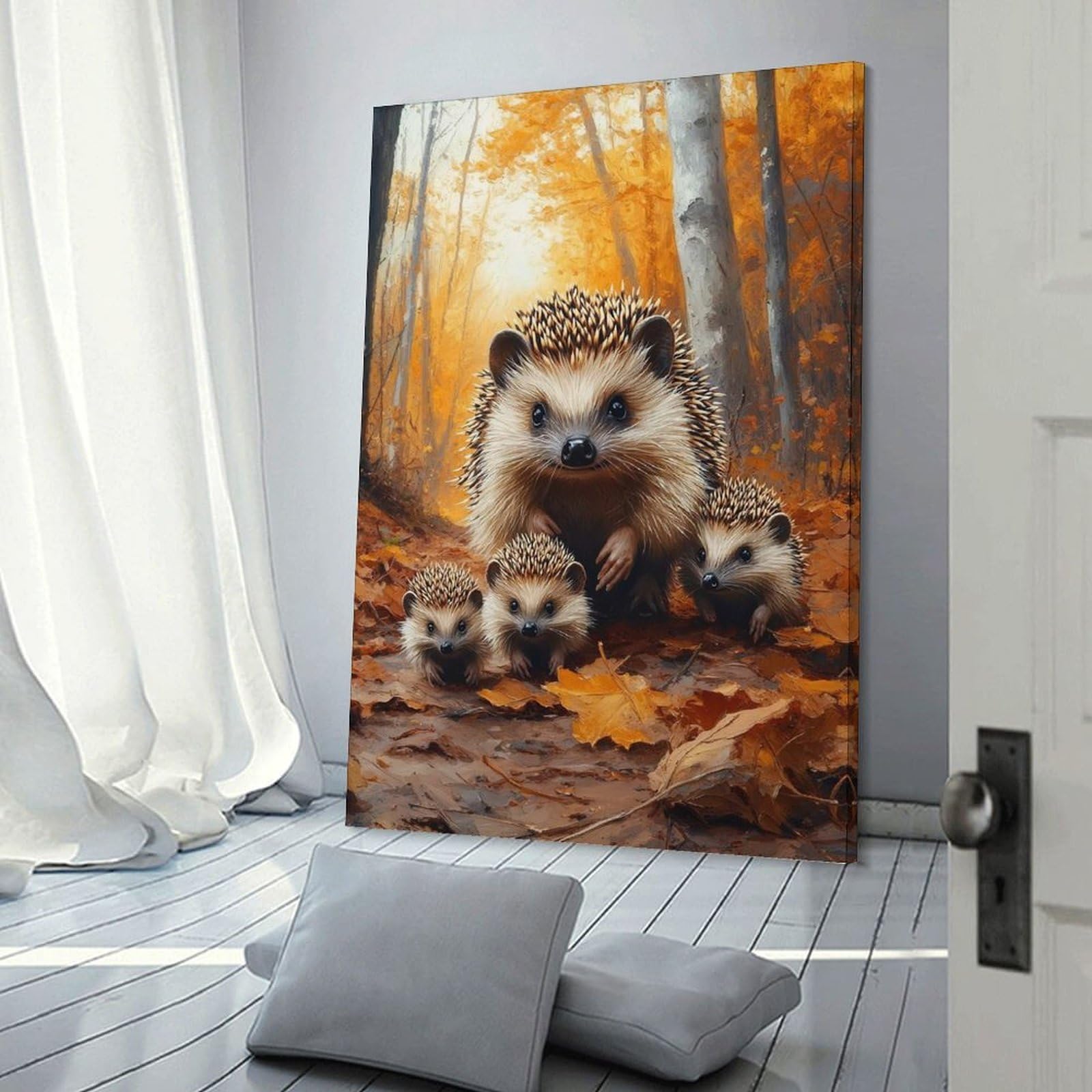 Junmoney Frame-Style-4 Home Decor Wall Art Hedgehog Family In Autumn Forest, 20X30inch(50X75cm), For Bedroom Decor, Cosy Corners Or Studios, Decorative Wall Art For Cosy Rooms
