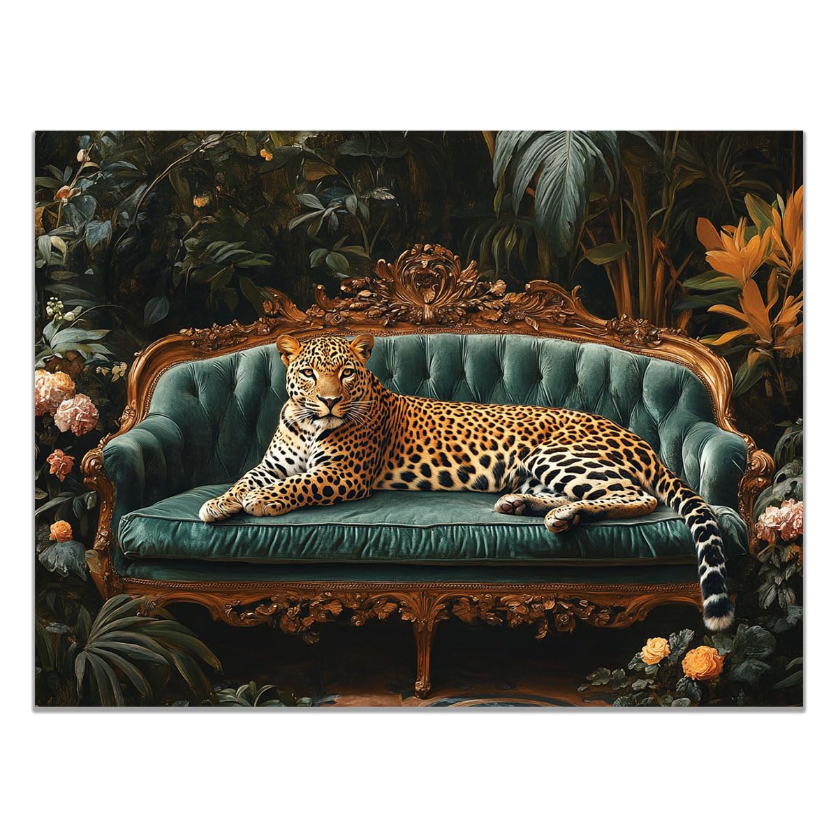 TZKRWRH Leopard Canvas Print Animals Preppy Poster Leopard on Green Sofa Cheetah Modern Maximalist Boho Wall Art Panther Painting Vintage Canvas Office(Green 12)-70x100cm Unframed